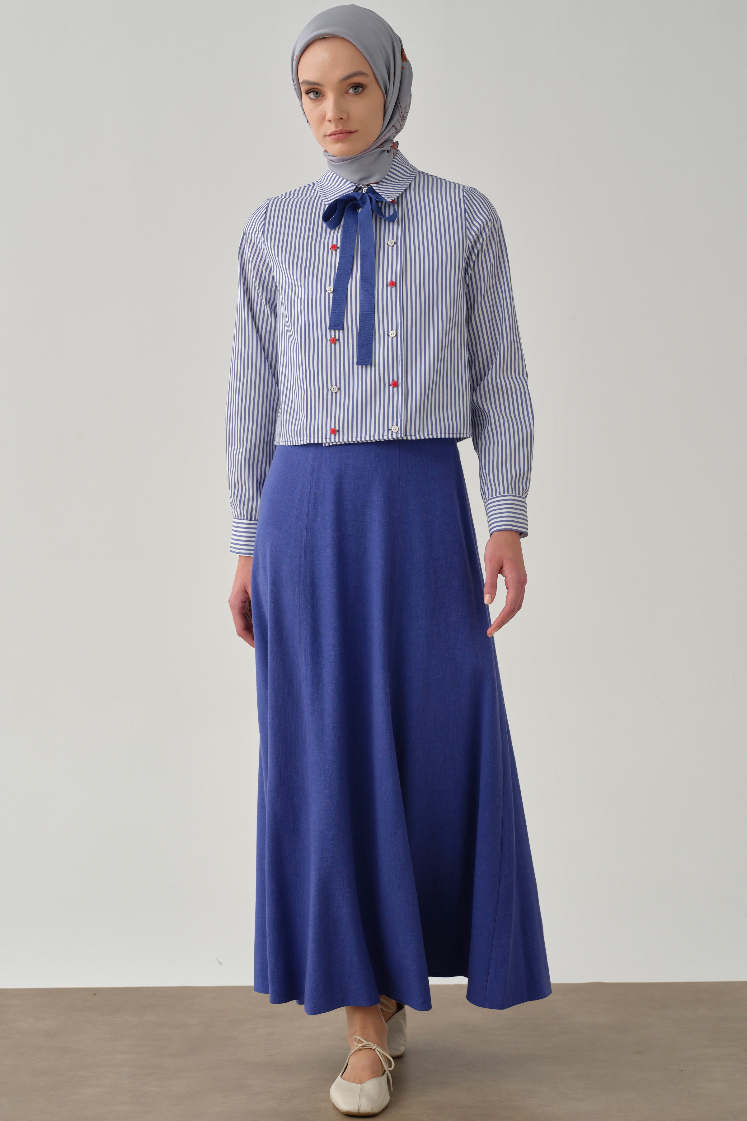 Altı Parçalı Dikiş Detaylı Etek - Saks TUGBA