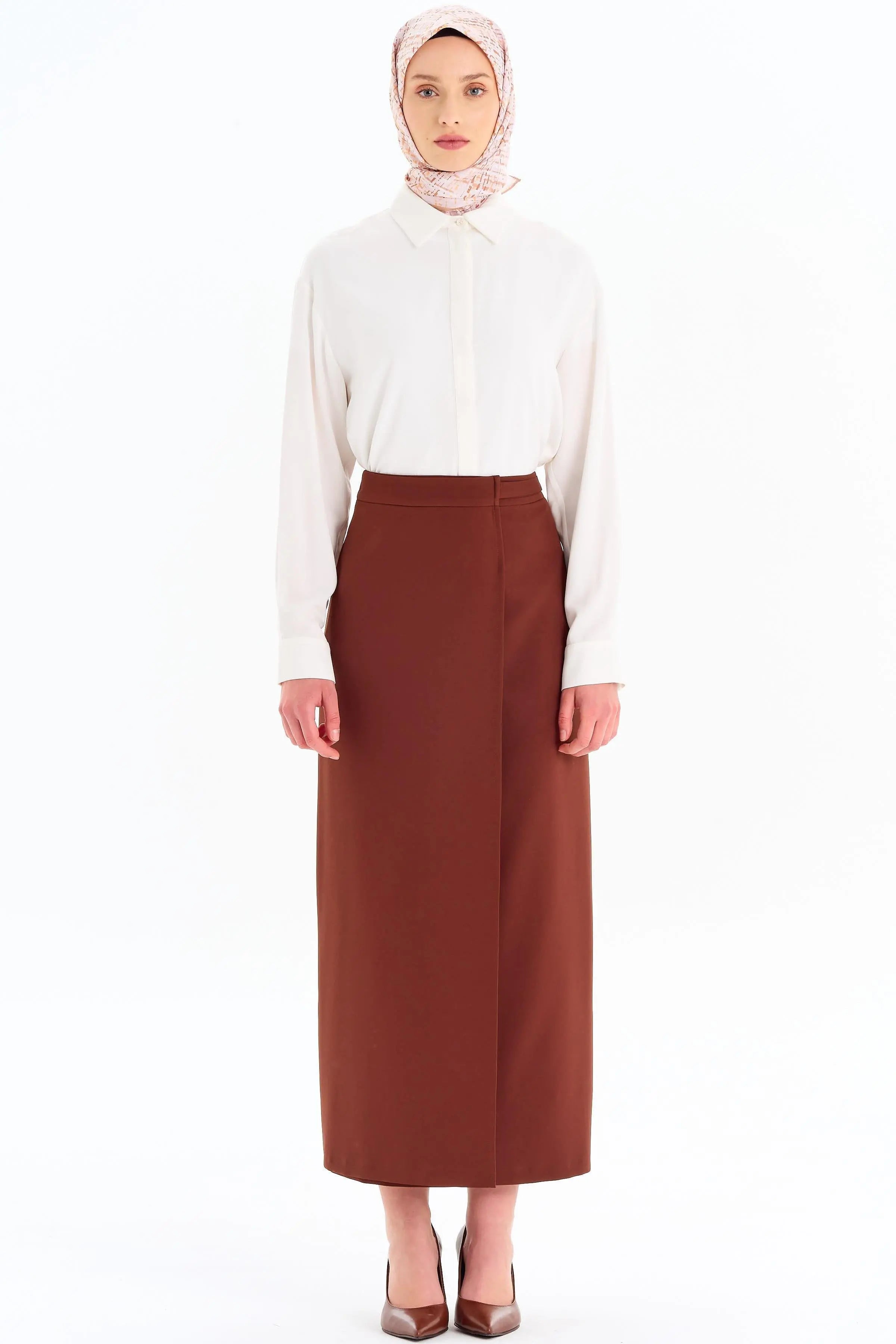 Anvelop Detaylı Kalem Etek - Kahve TUGBA