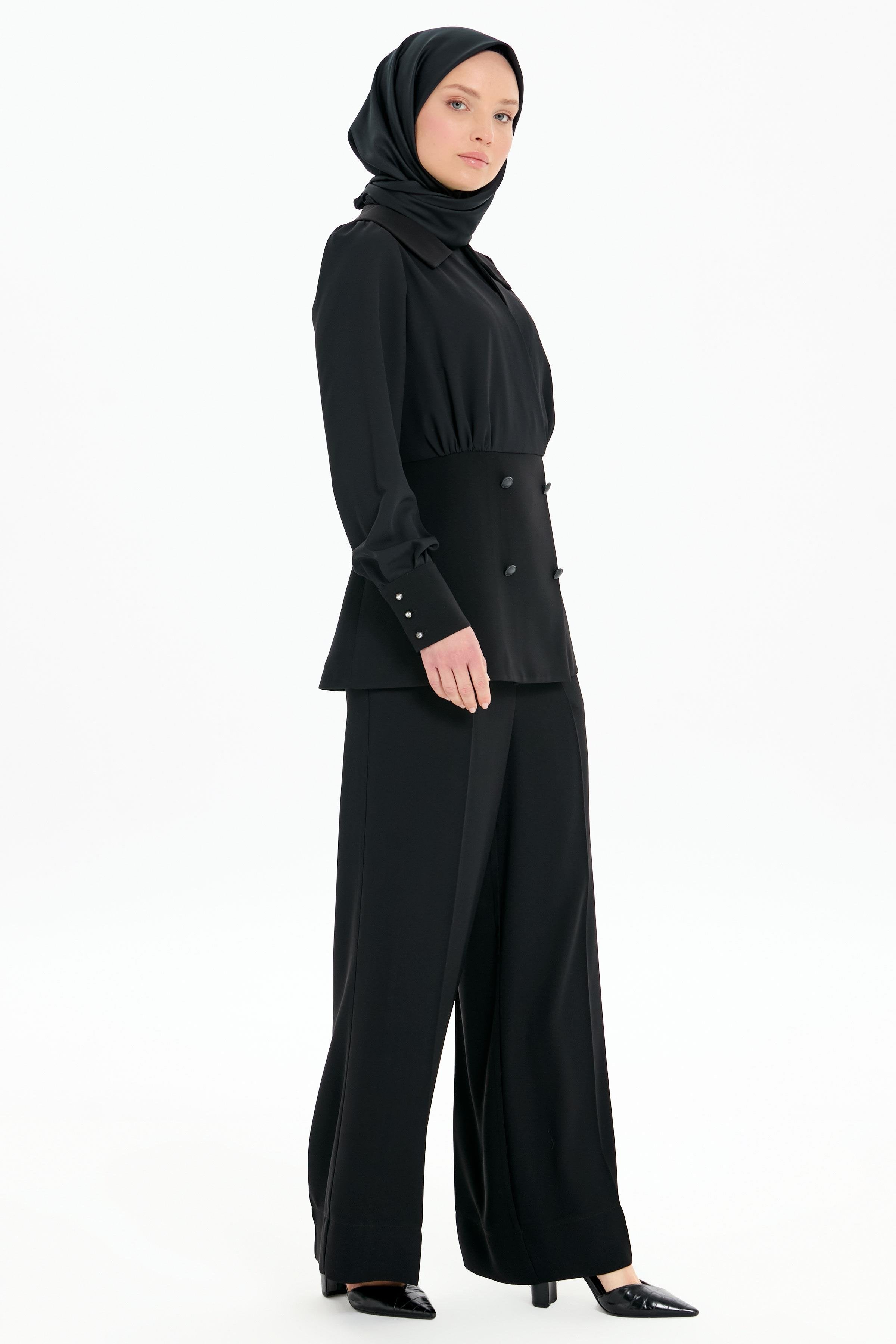 Anvelop Kapamalı Bluz Pantolon Takım - Siyah TUGBA