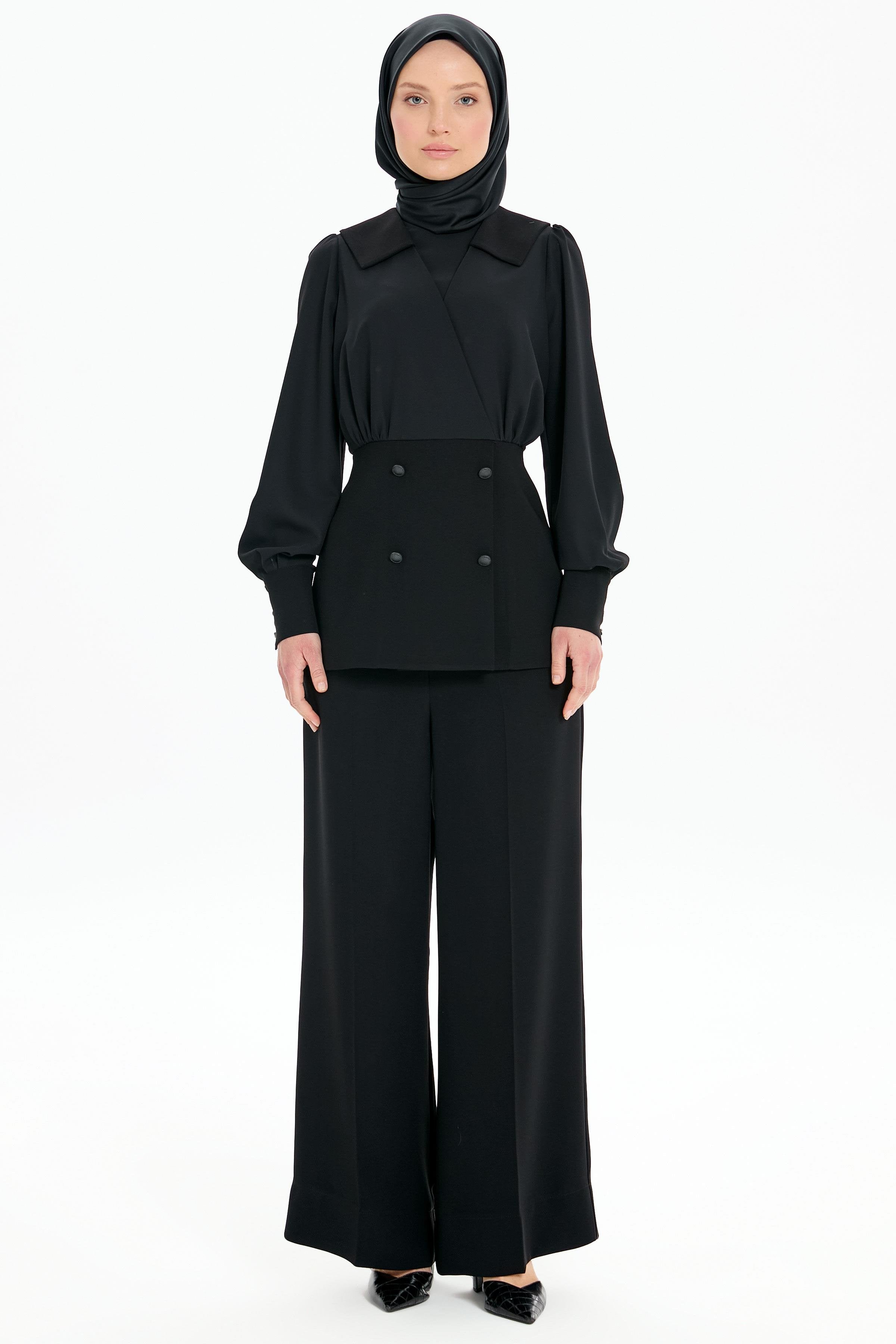 Anvelop Kapamalı Bluz Pantolon Takım - Siyah TUGBA
