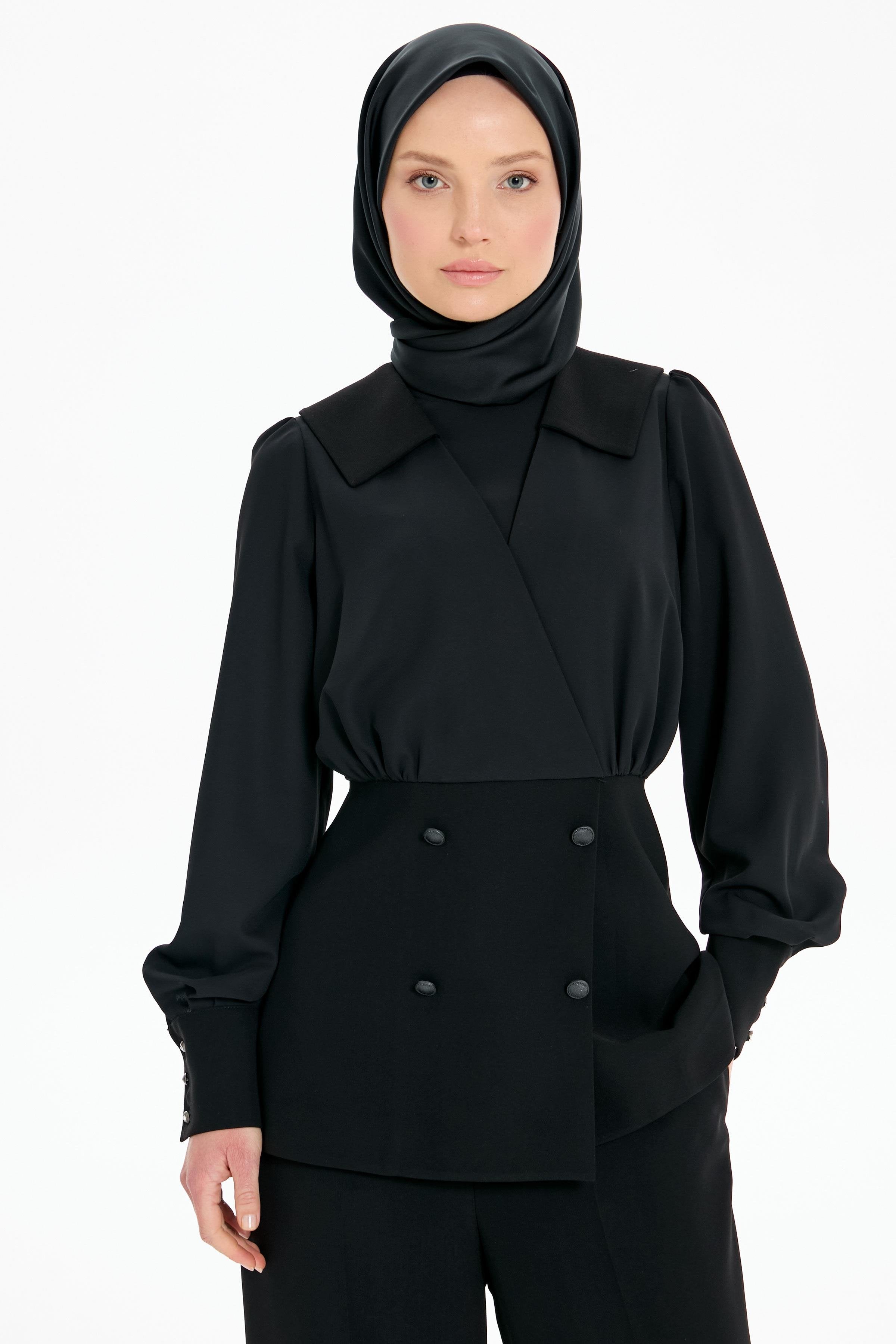 Anvelop Kapamalı Bluz Pantolon Takım - Siyah TUGBA