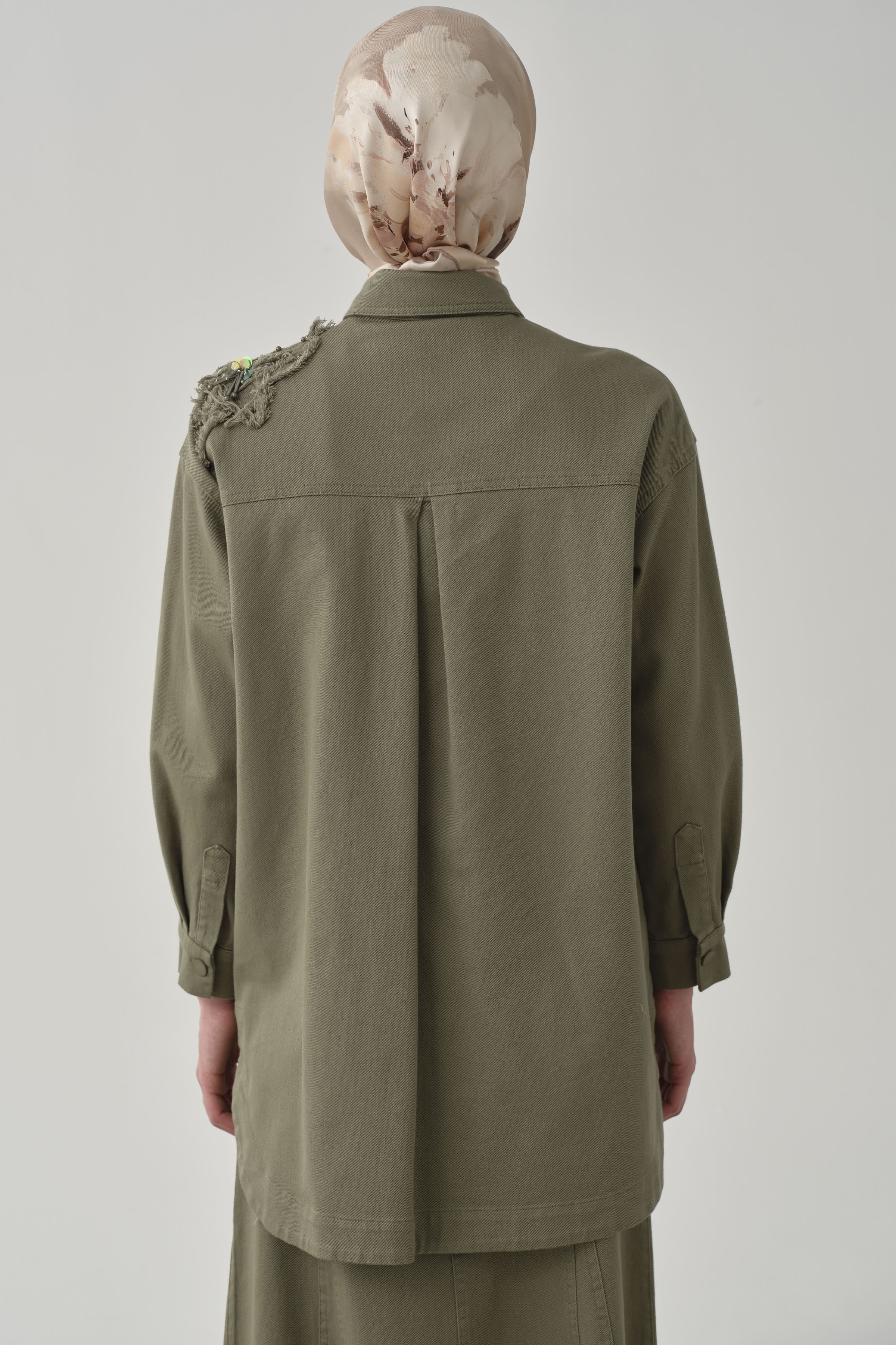 Aplike Nakış Detaylı Canvas Ceket - Haki TUGBA