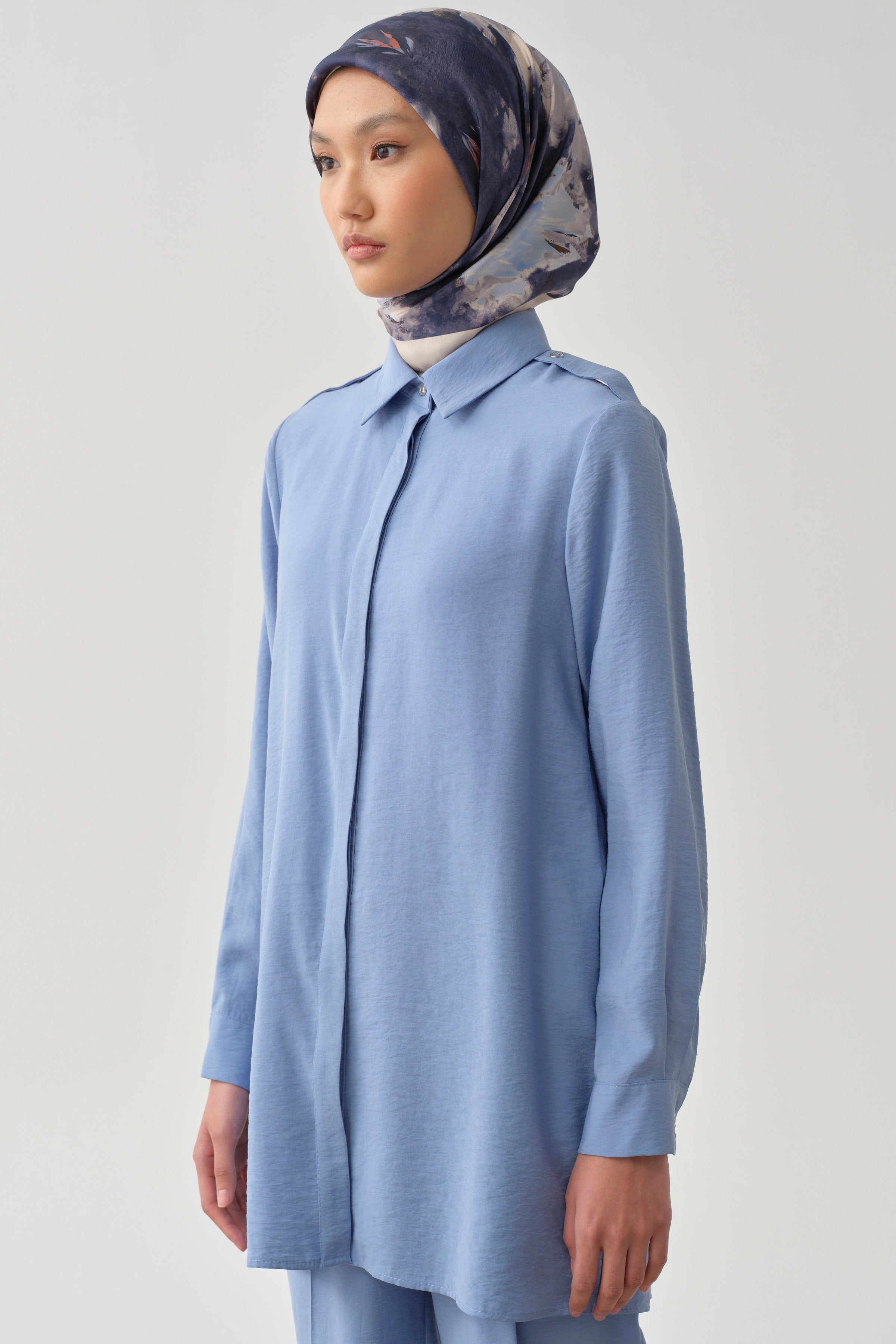 Apoletli Gizli Patlı Tunik - Mavi TUGBA