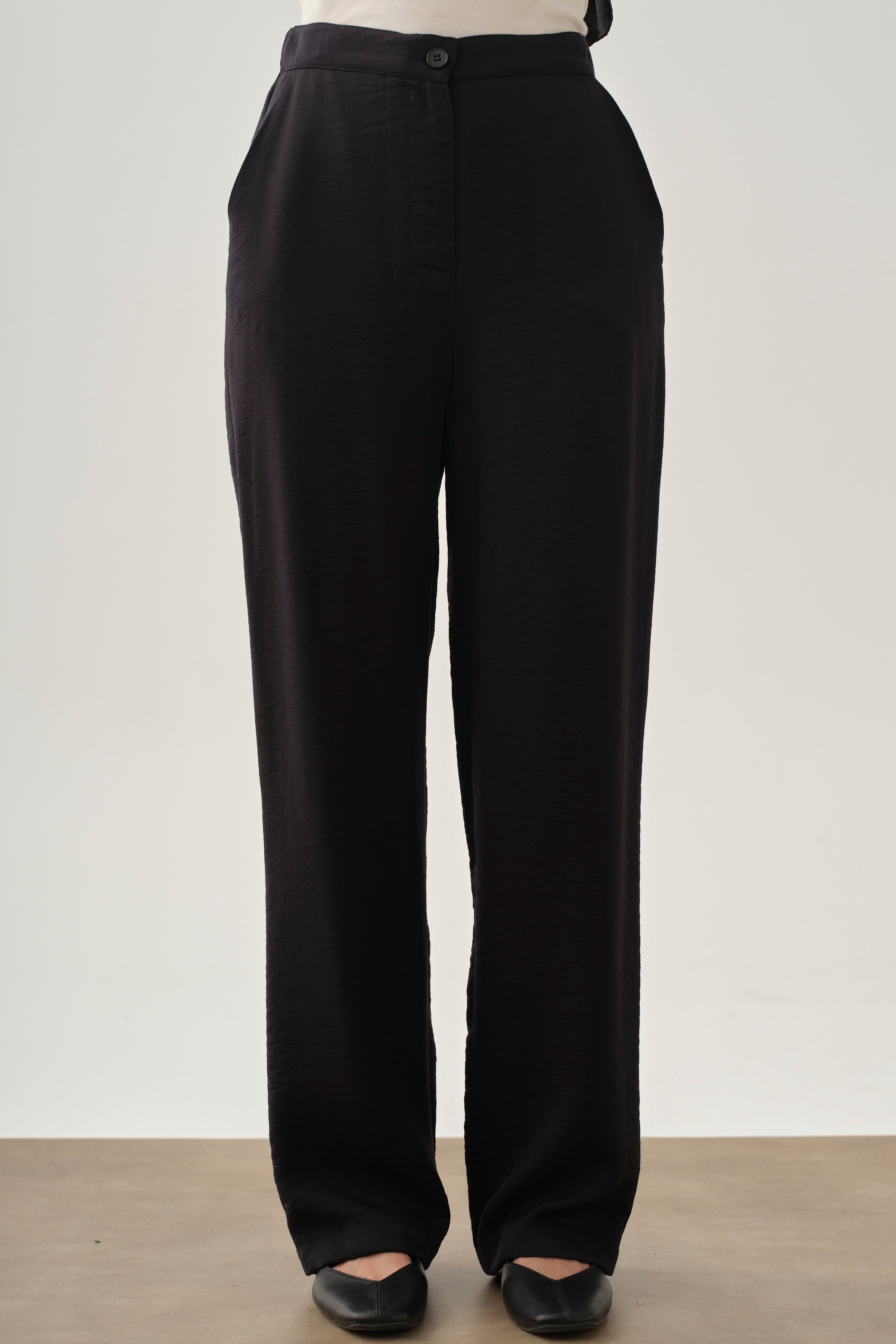 Arka Bel Lastikli Bol Paça Pantolon - Siyah TUGBA