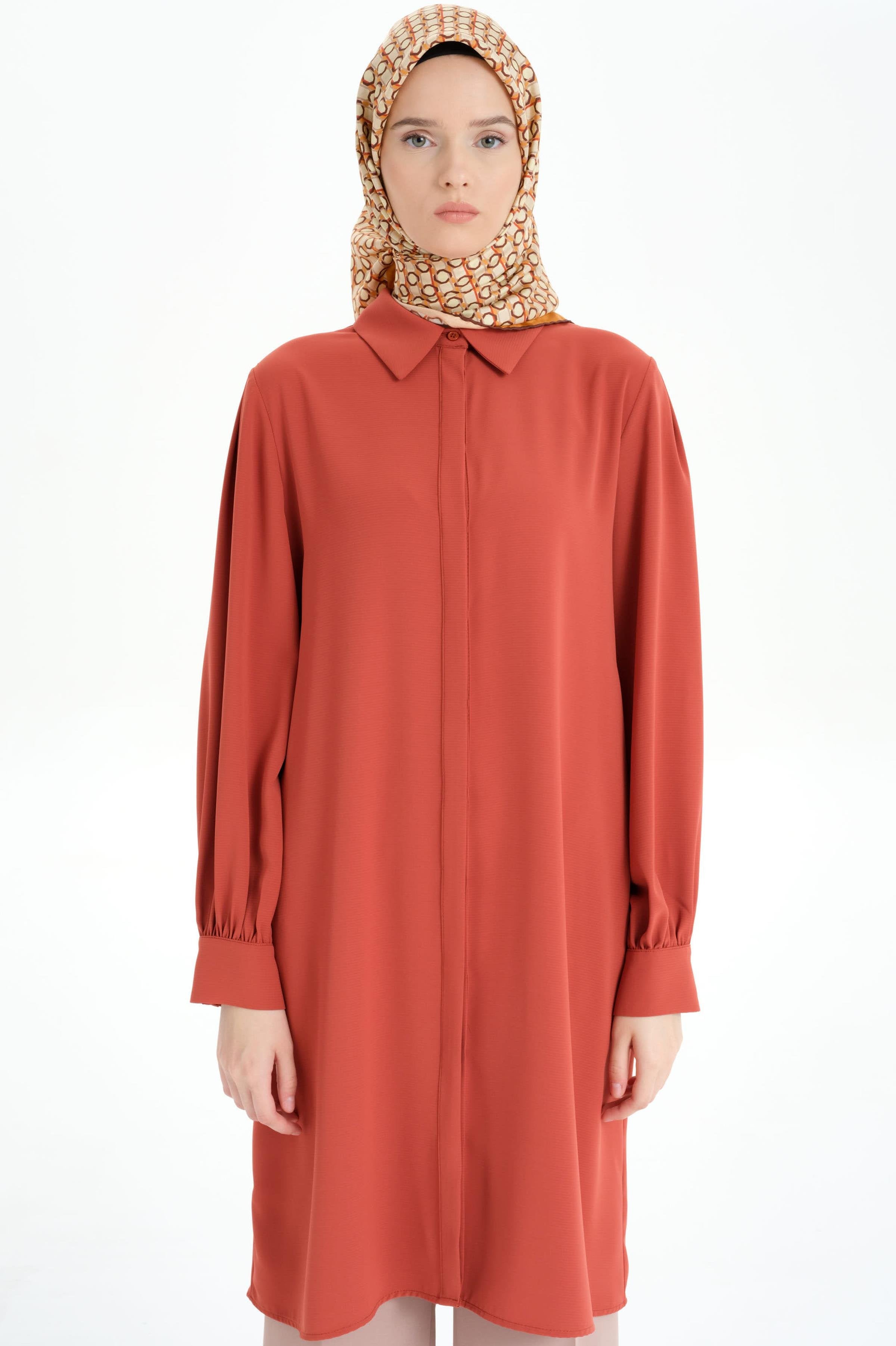 Arkası Pilise Detaylı Tunik - Kiremit TUGBA