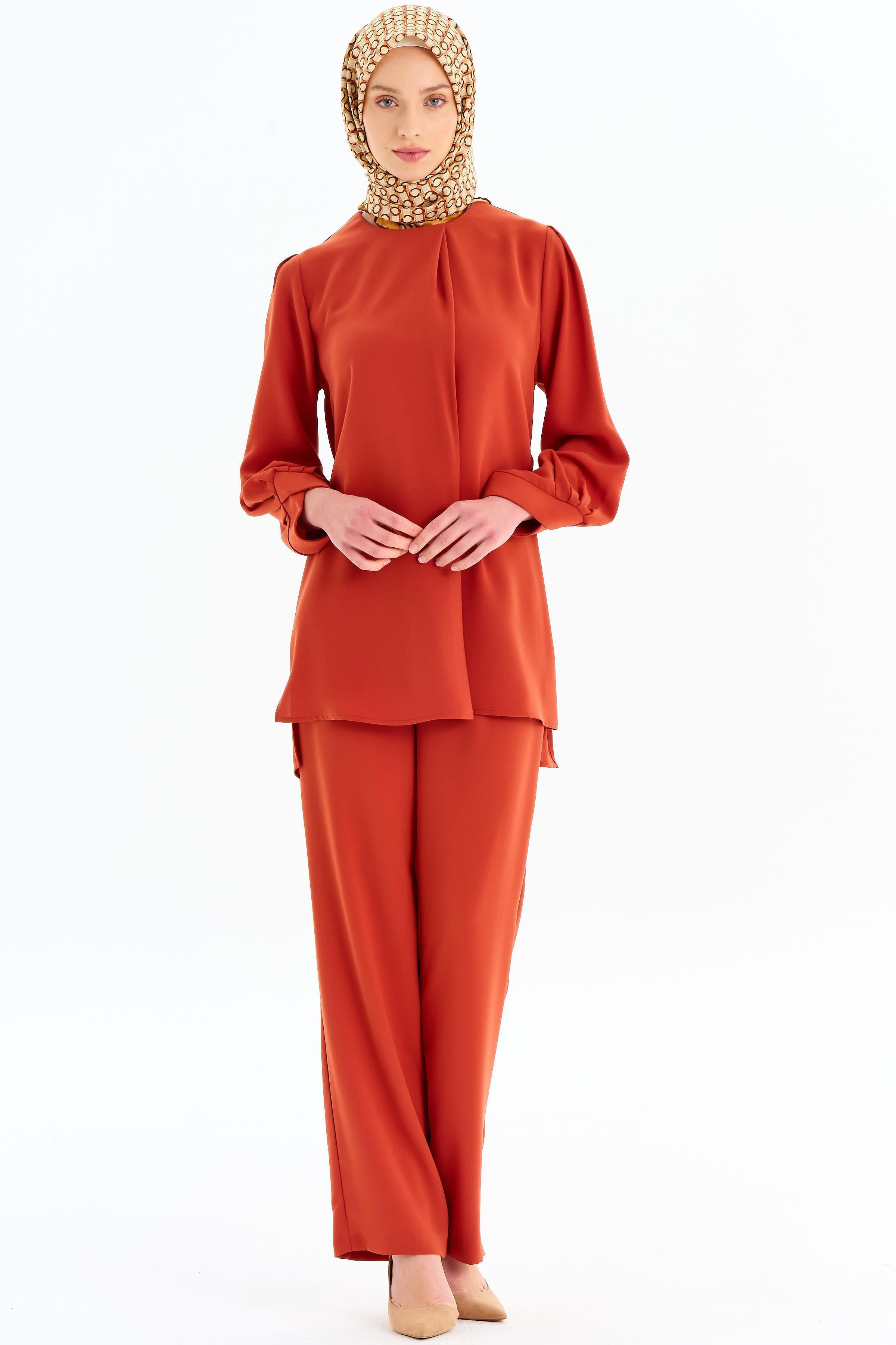 Asimetrik Kol Detaylı Tunik Takım - Kiremit TUGBA