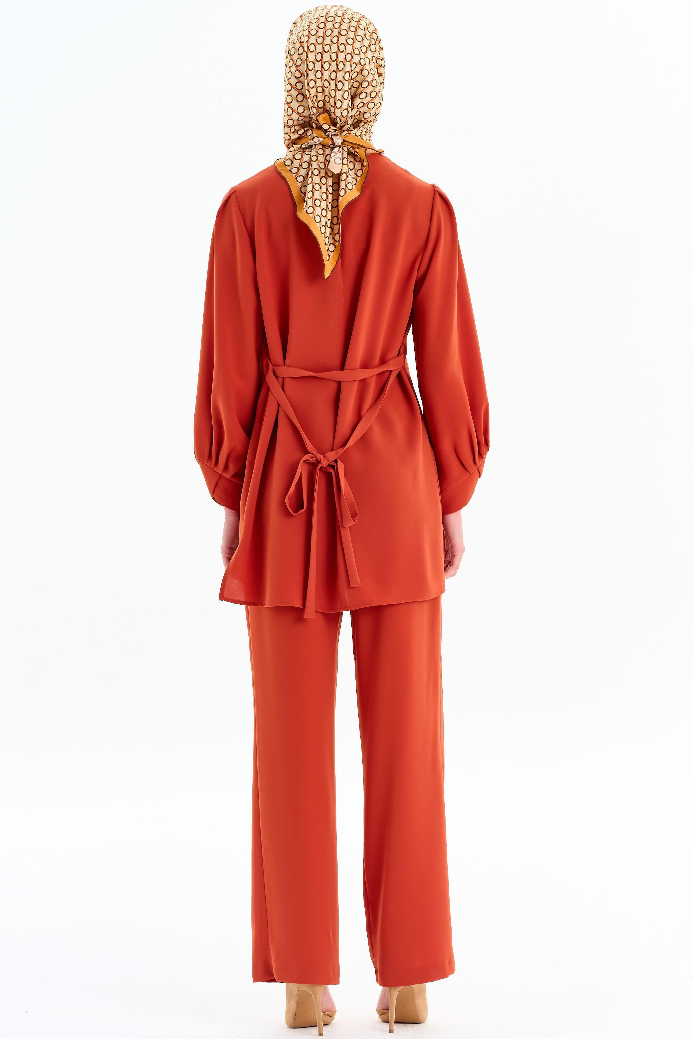 Asimetrik Kol Detaylı Tunik Takım - Kiremit TUGBA