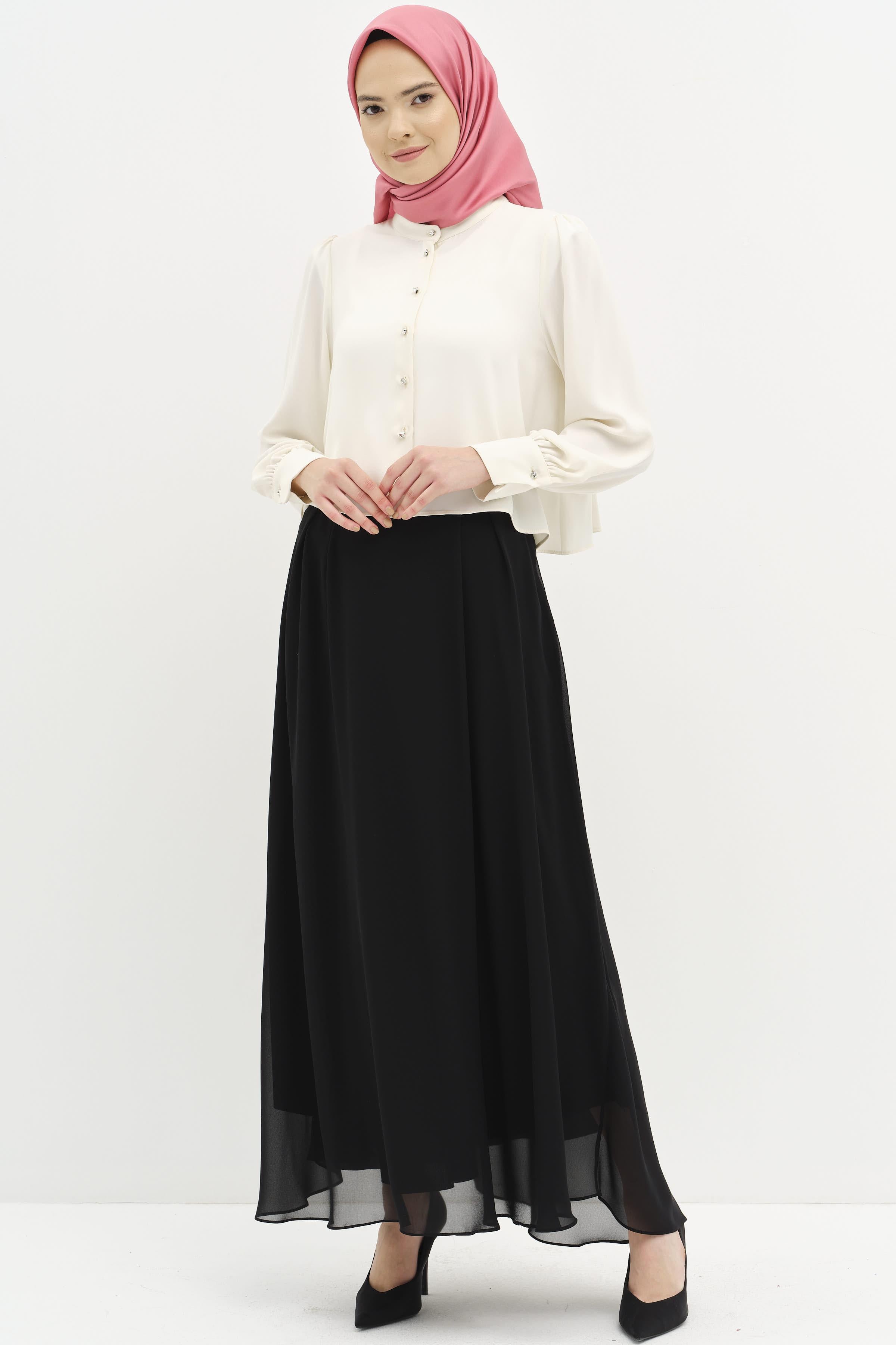 Asimetrik Mini Gömlek Pileli Etek Takım - Ekru - Siyah TUGBA