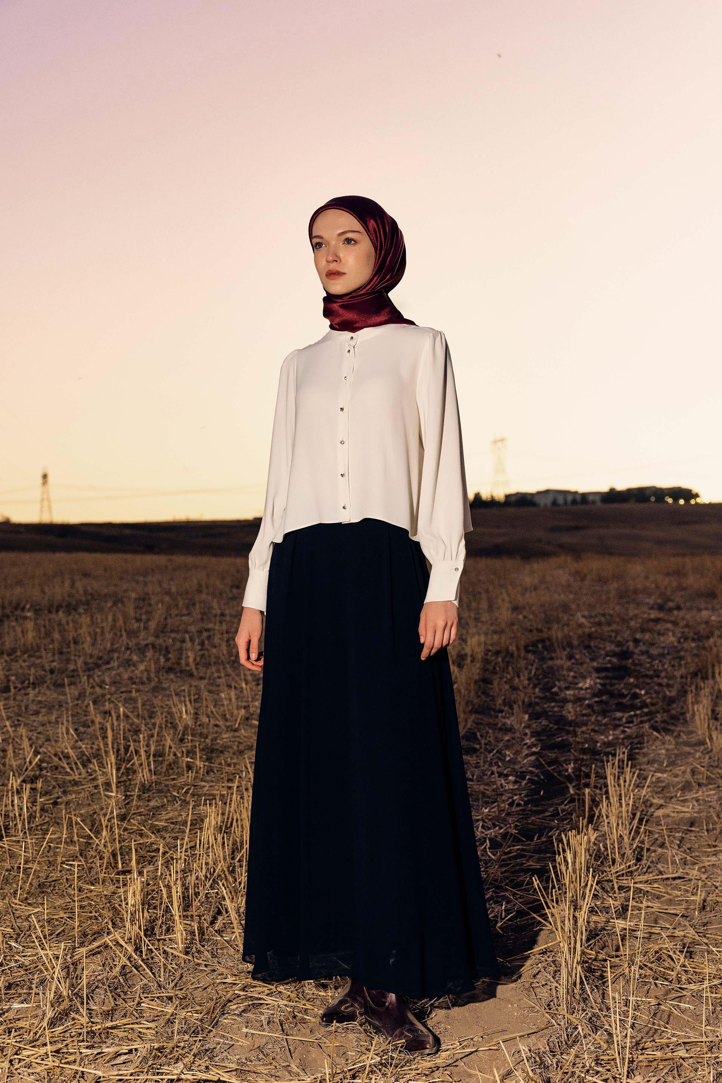 Asimetrik Mini Gömlek Pileli Etek Takım - Ekru - Siyah TUGBA