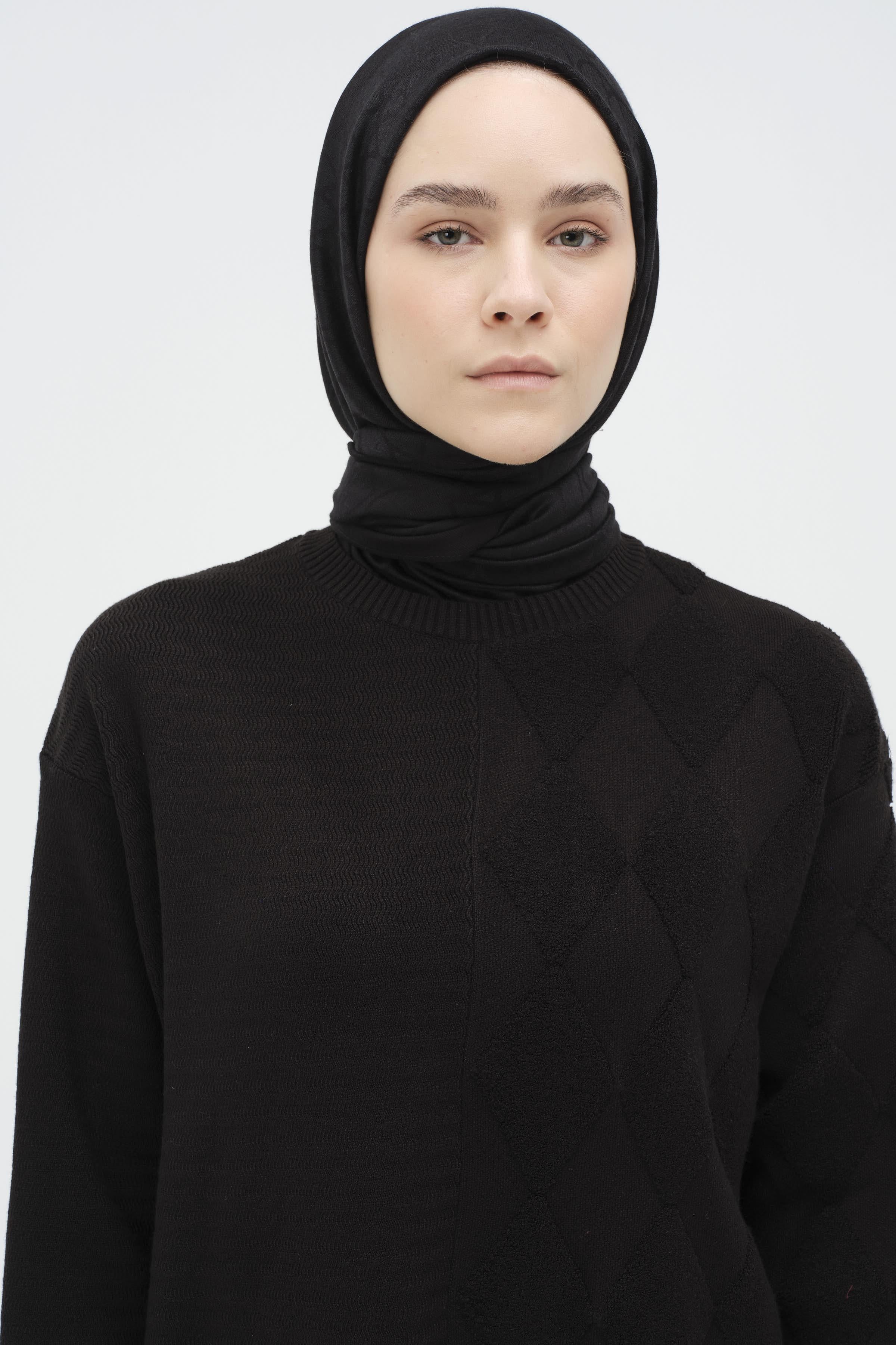 Baklava Desen Triko Tunik - Siyah TUGBA