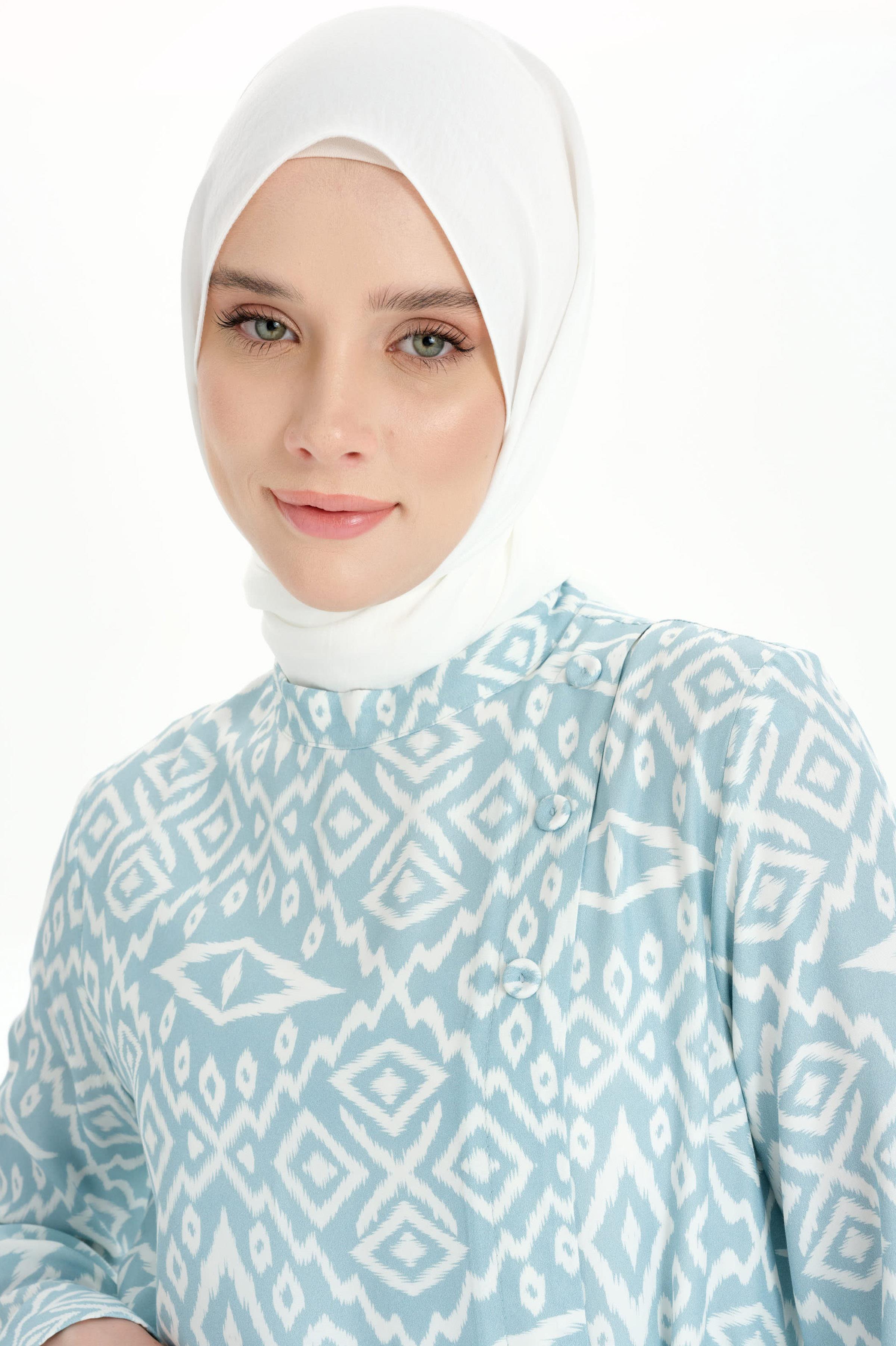 Baklava Desenli Bel Kuşaklı Elbise - Açık Mavi TUGBA