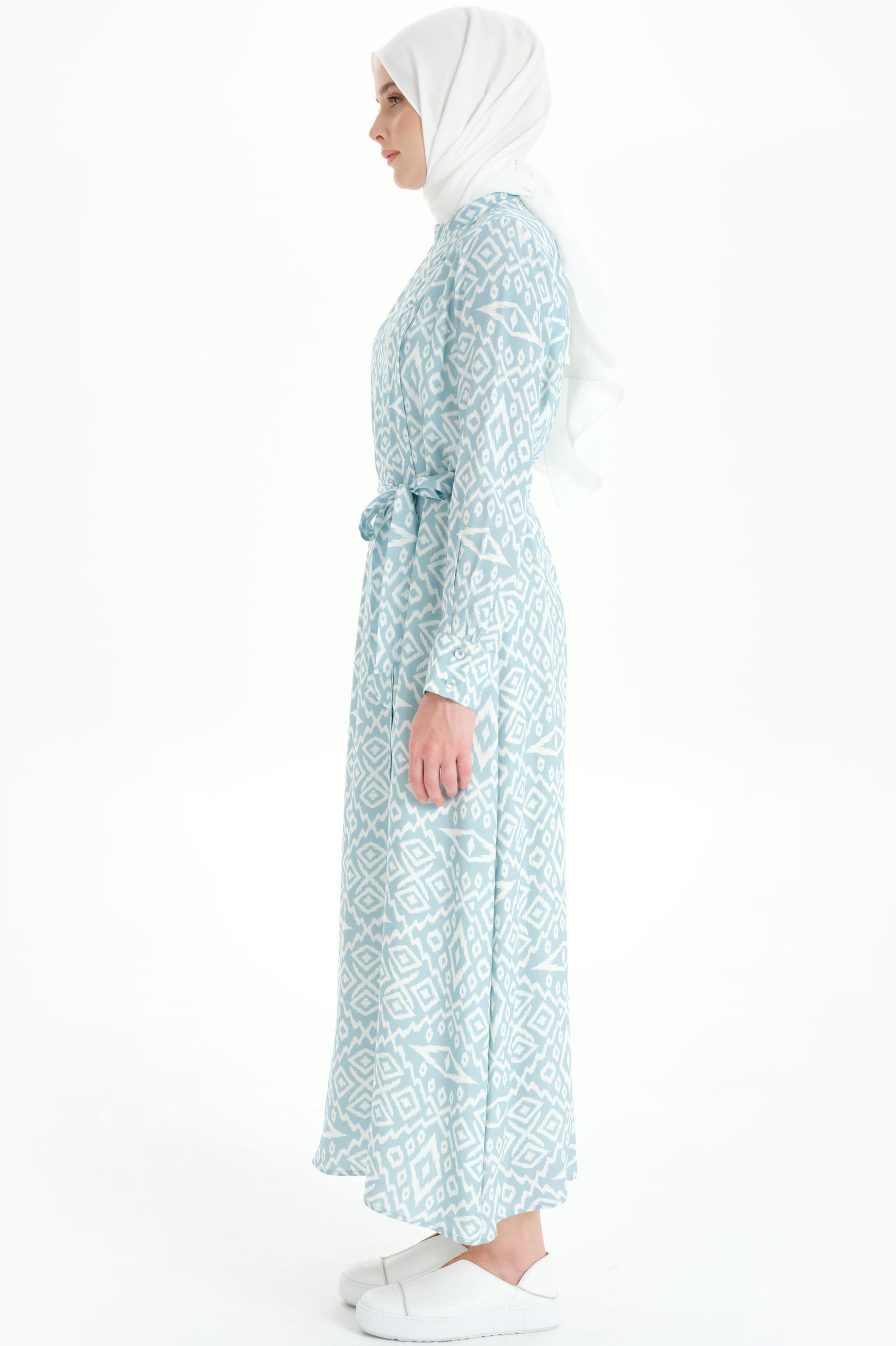 Baklava Desenli Bel Kuşaklı Elbise - Açık Mavi TUĞBA