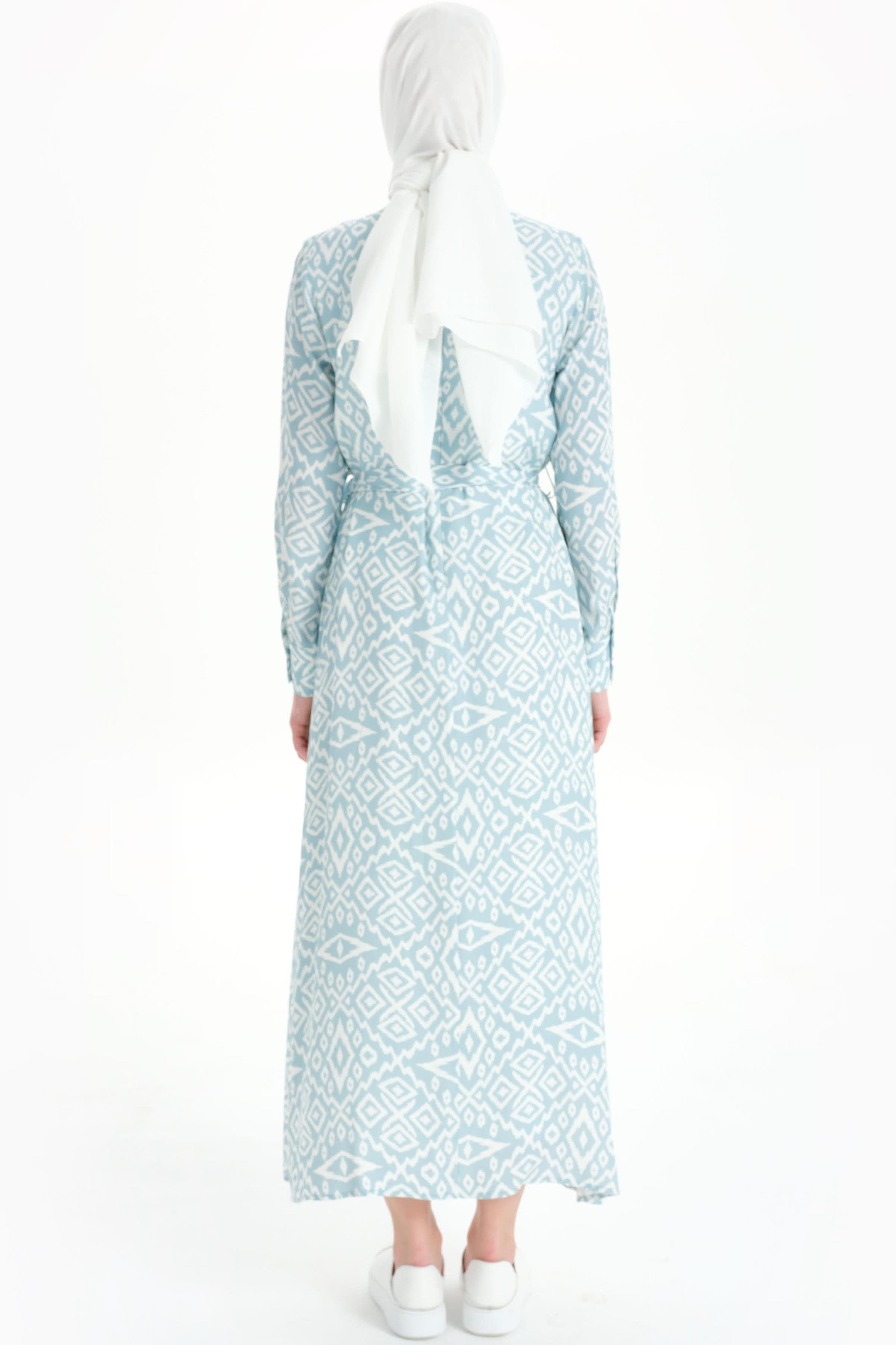 Baklava Desenli Bel Kuşaklı Elbise - Açık Mavi TUĞBA