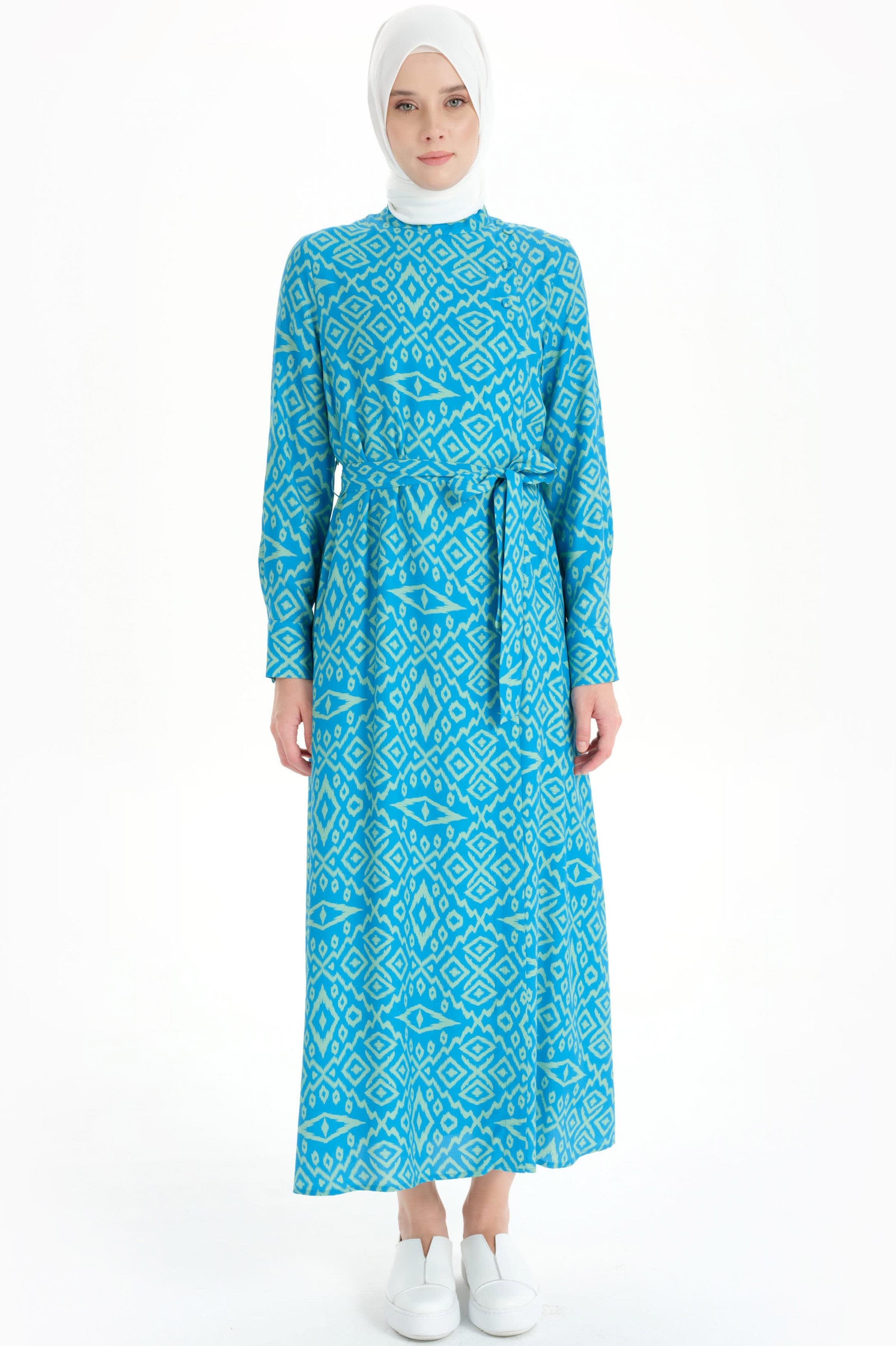 Baklava Desenli Bel Kuşaklı Elbise - Yeşil TUGBA