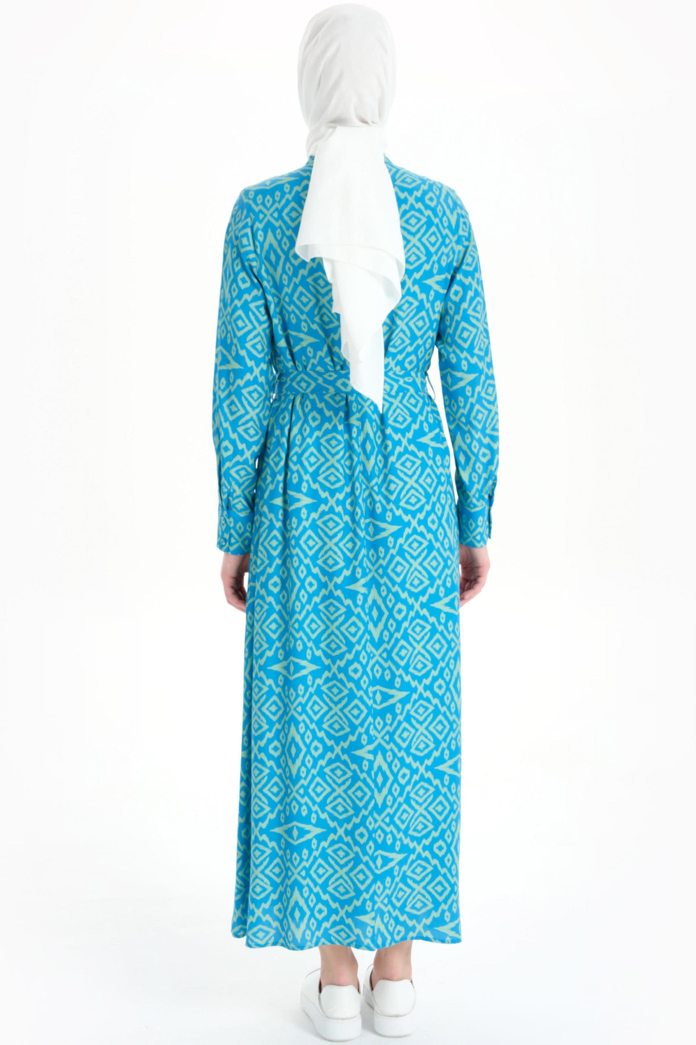 Baklava Desenli Bel Kuşaklı Elbise - Yeşil TUGBA