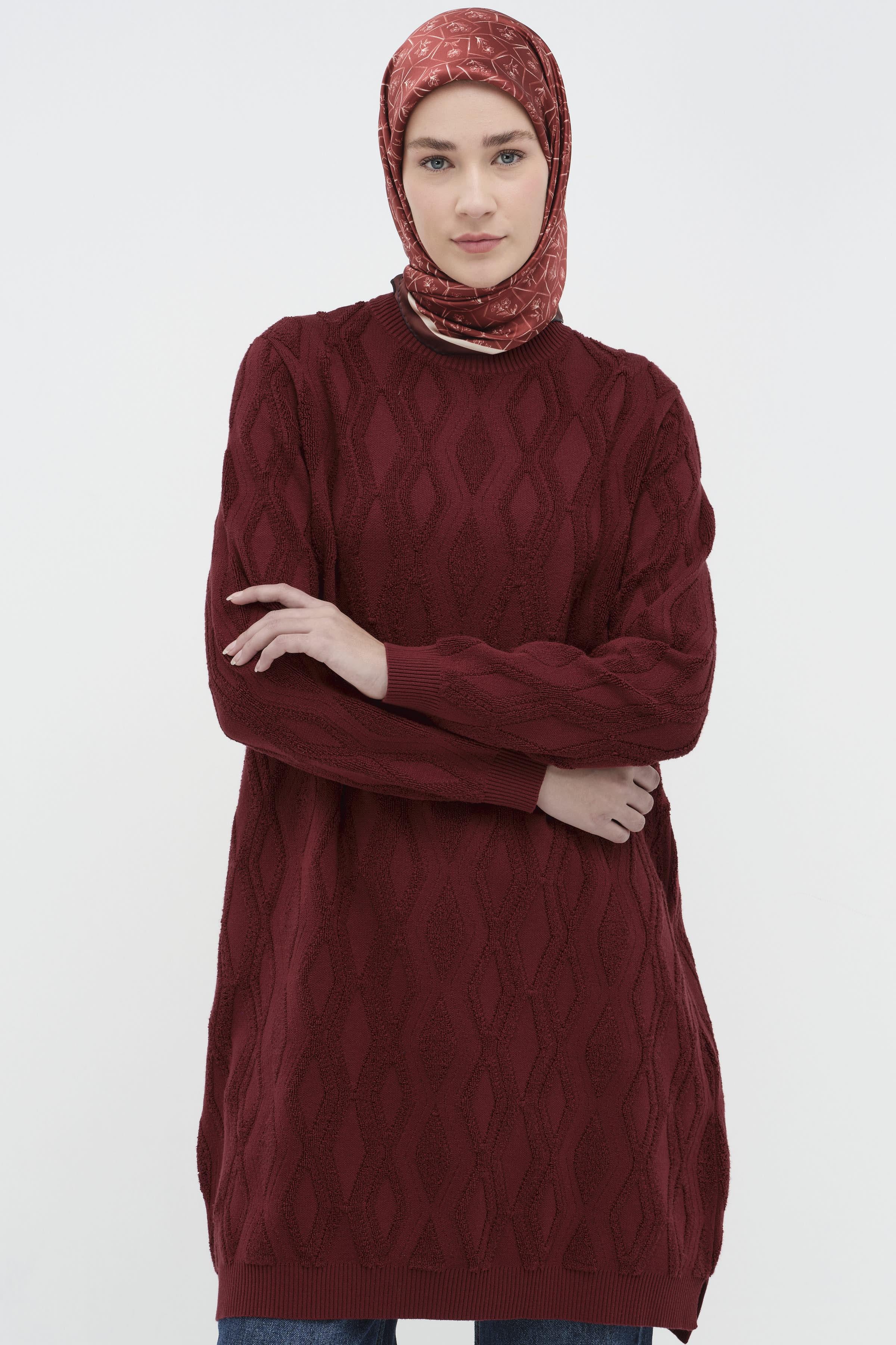 Baklava Desenli Triko Tunik - Bordo TUGBA