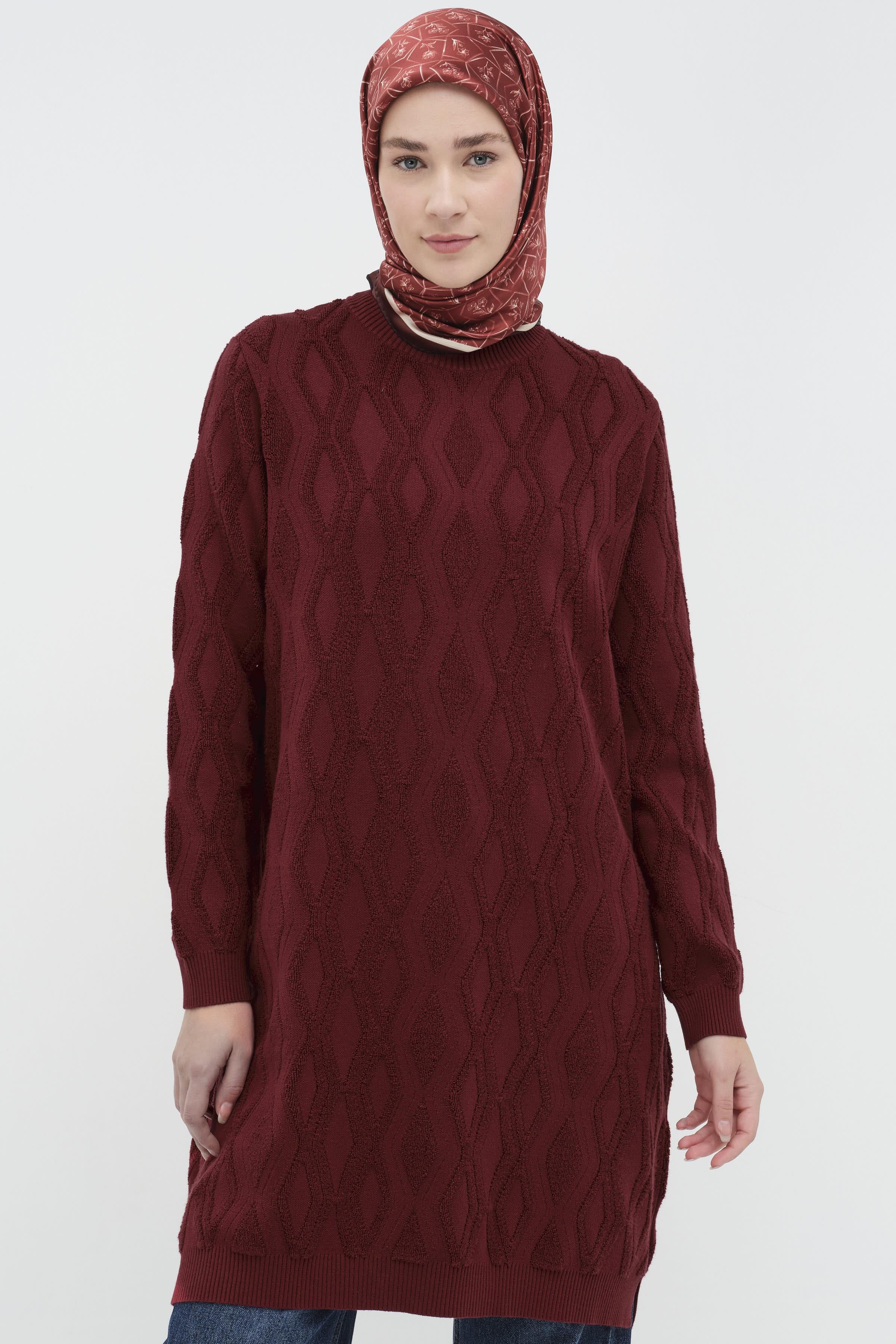 Baklava Desenli Triko Tunik - Bordo TUGBA