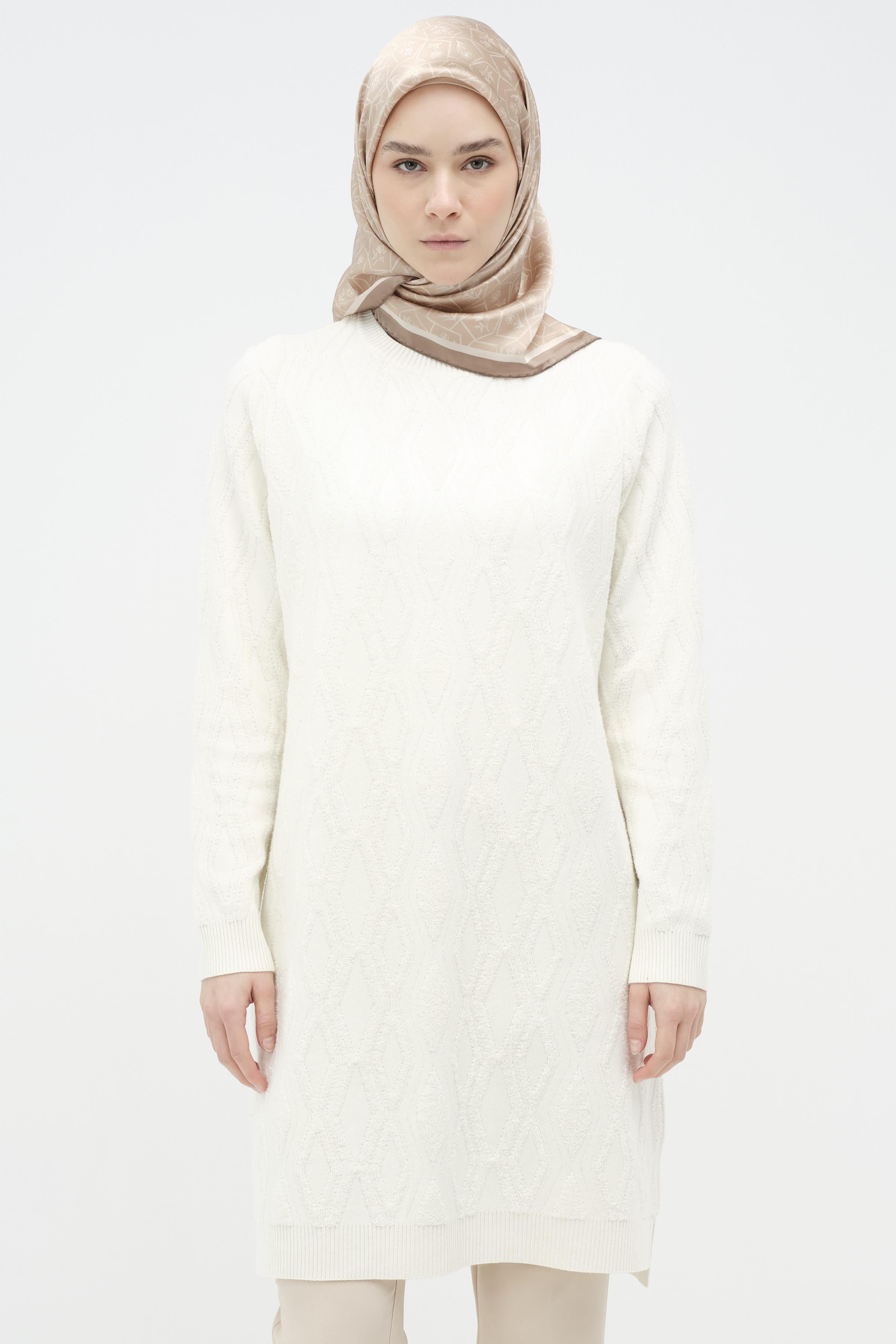 Baklava Desenli Triko Tunik - Ekru TUGBA