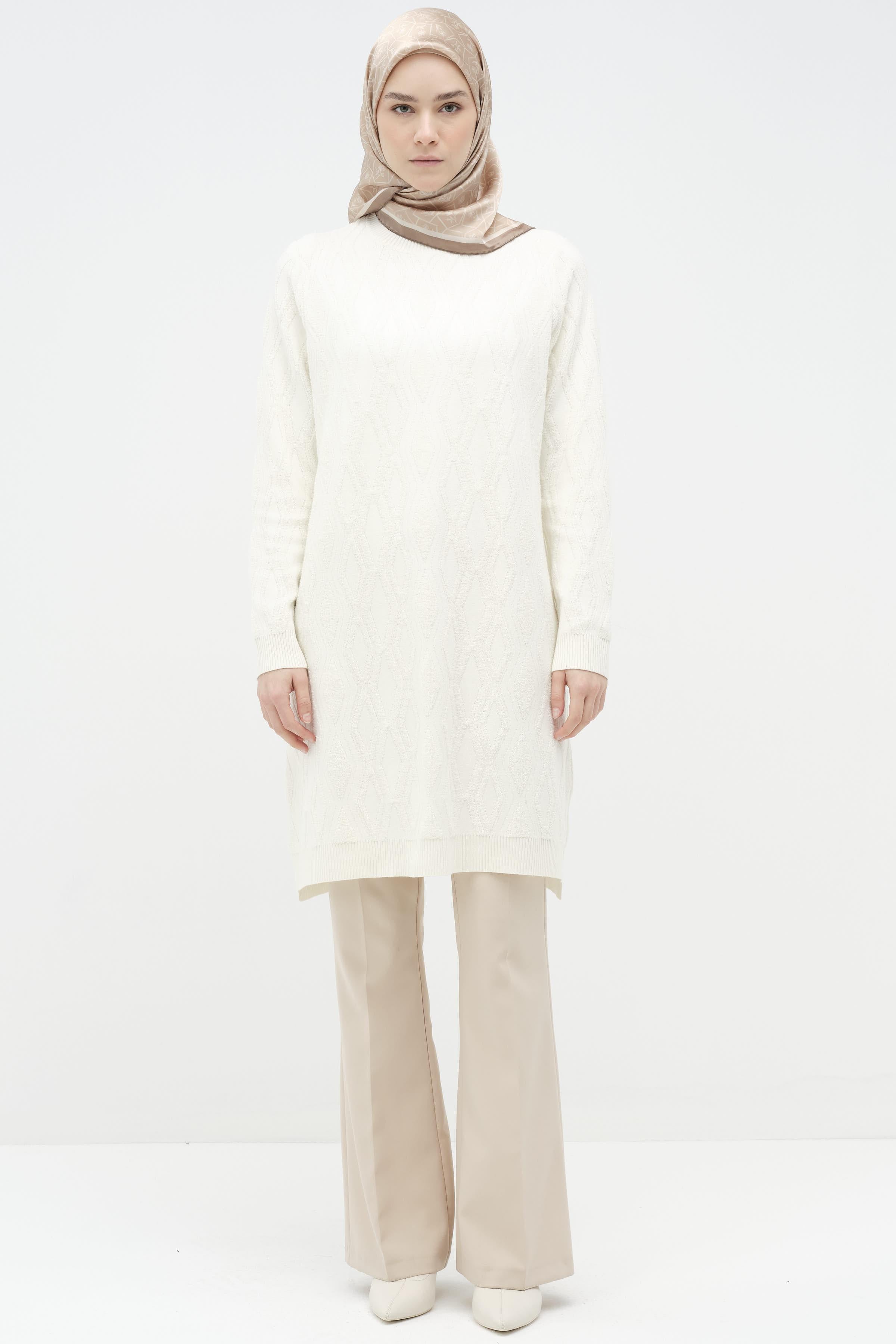 Baklava Desenli Triko Tunik - Ekru TUGBA