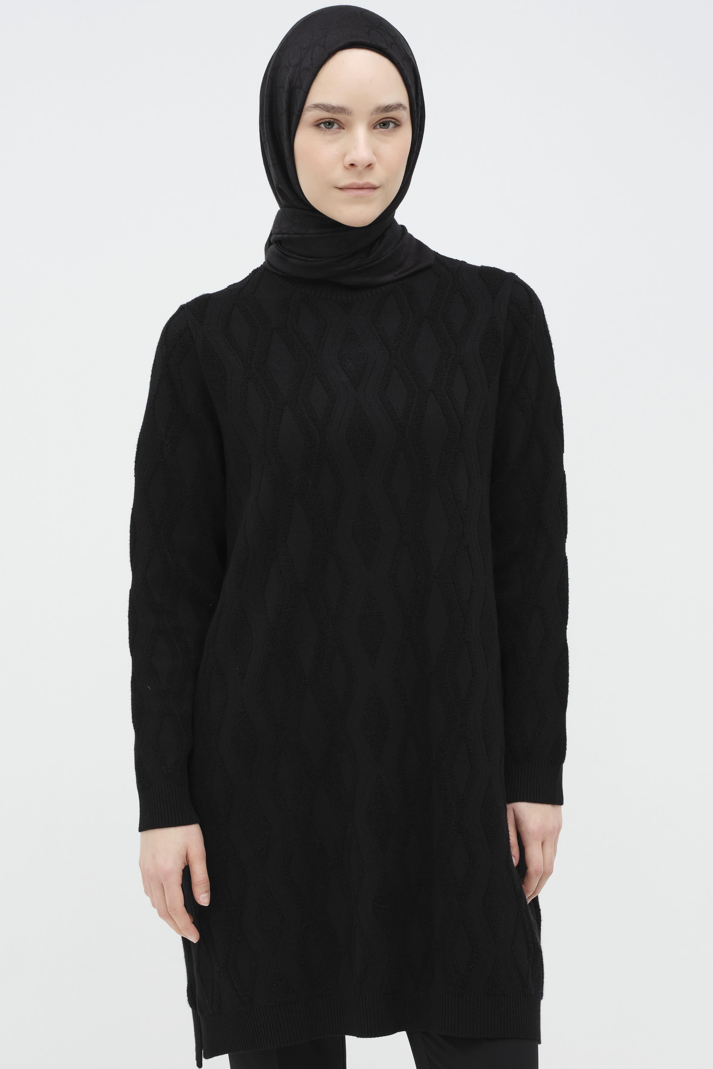 Baklava Desenli Triko Tunik - Siyah TUGBA