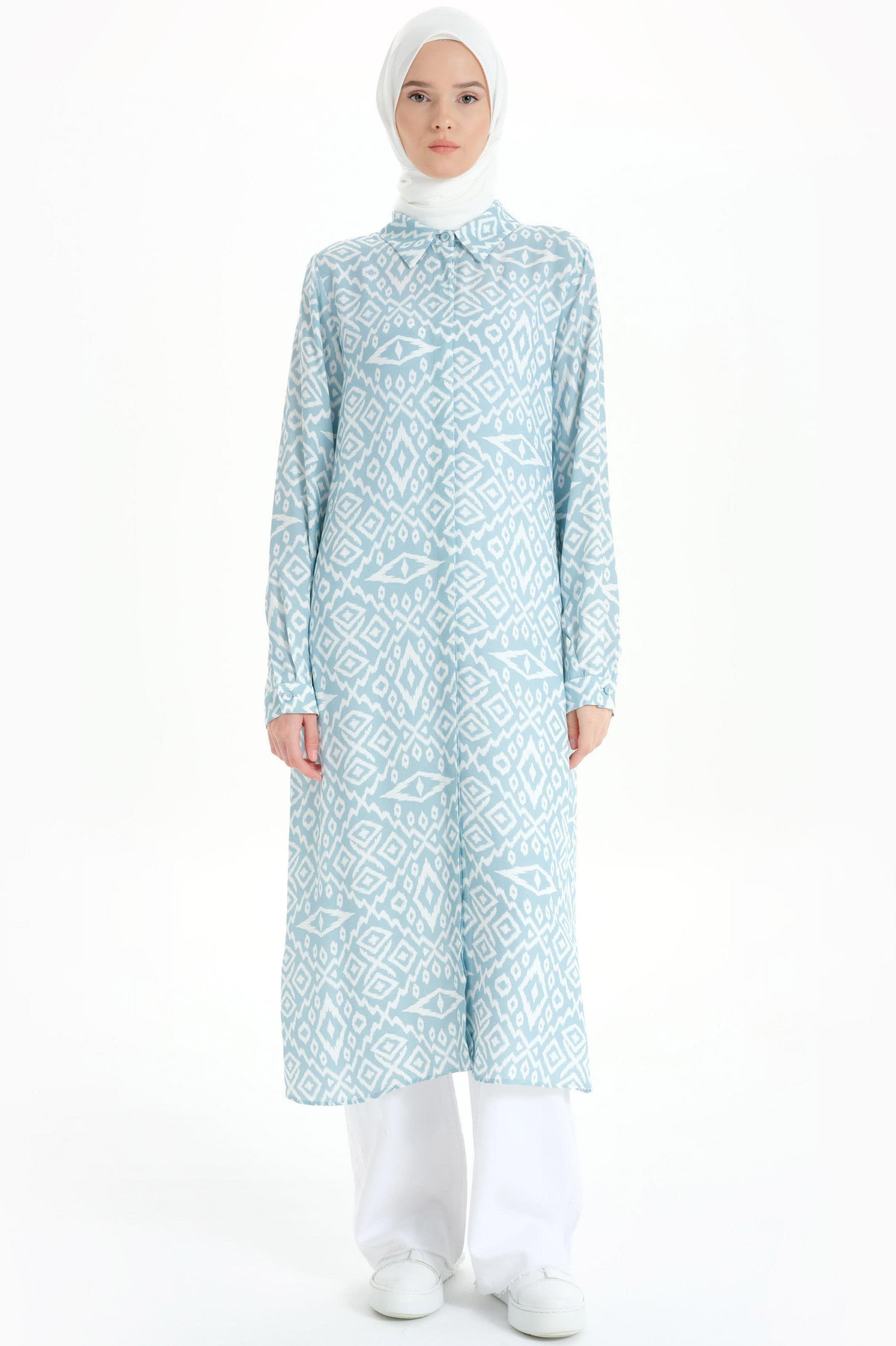 Baklava Desenli Uzun Tunik - Açık Mavi TUGBA