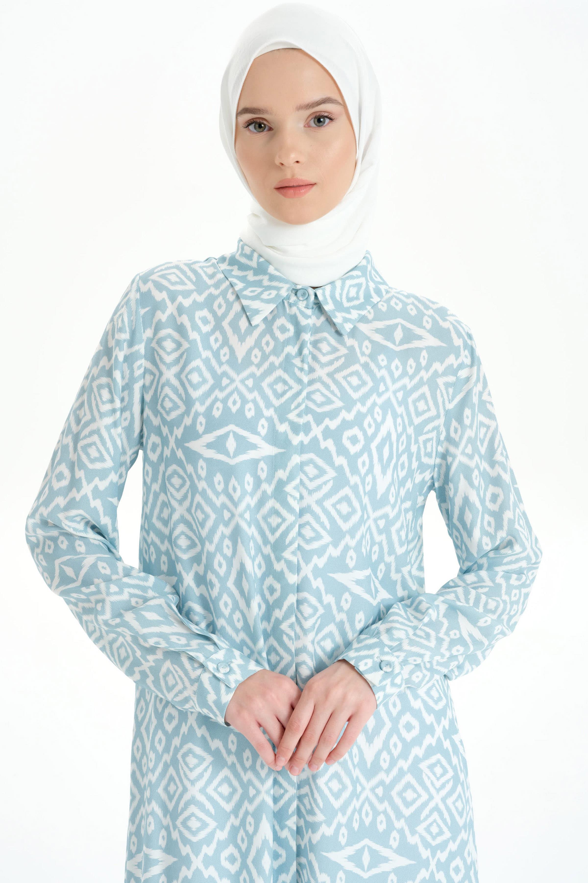 Baklava Desenli Uzun Tunik - Açık Mavi TUGBA