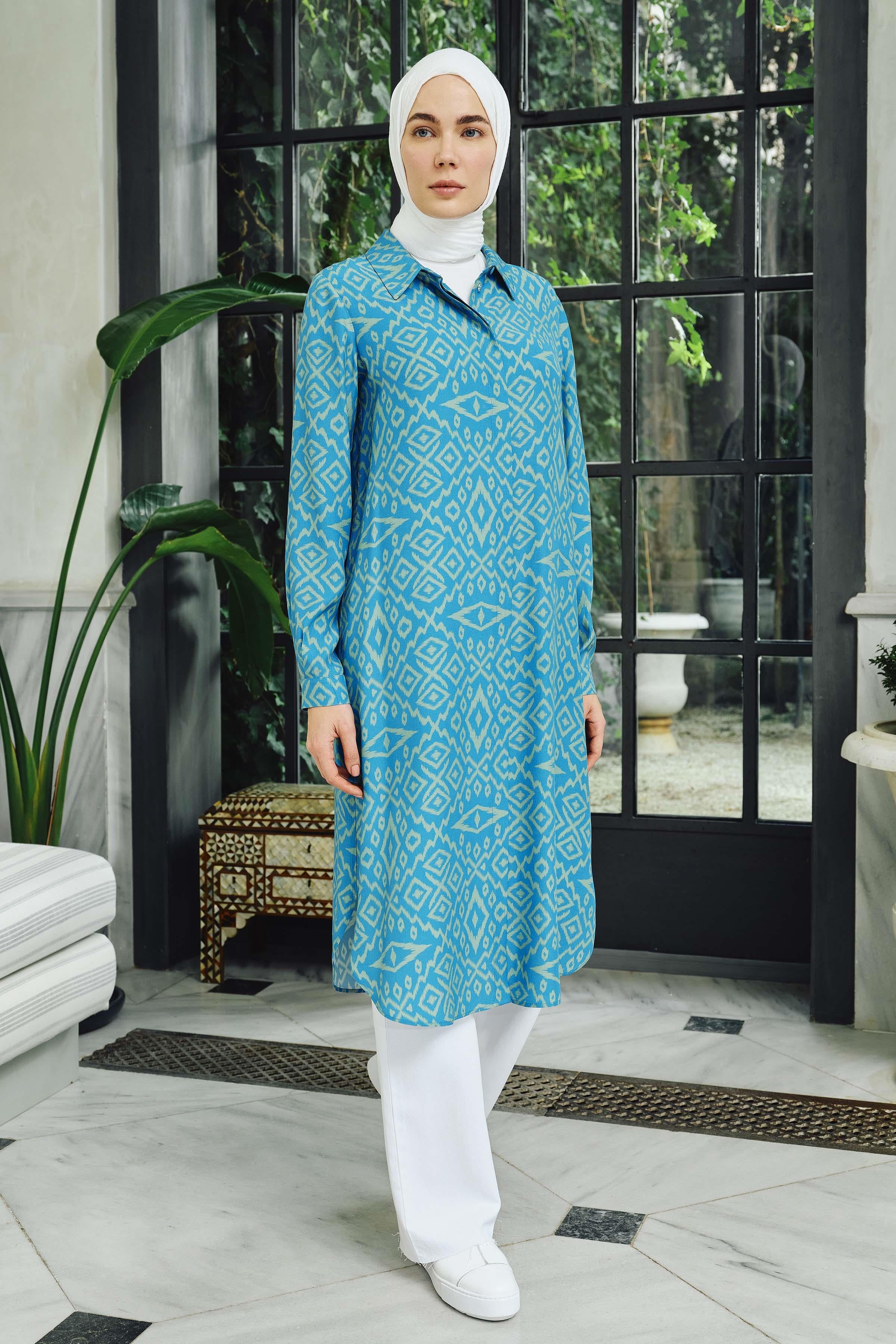 Baklava Desenli Uzun Tunik - Yeşil TUGBA