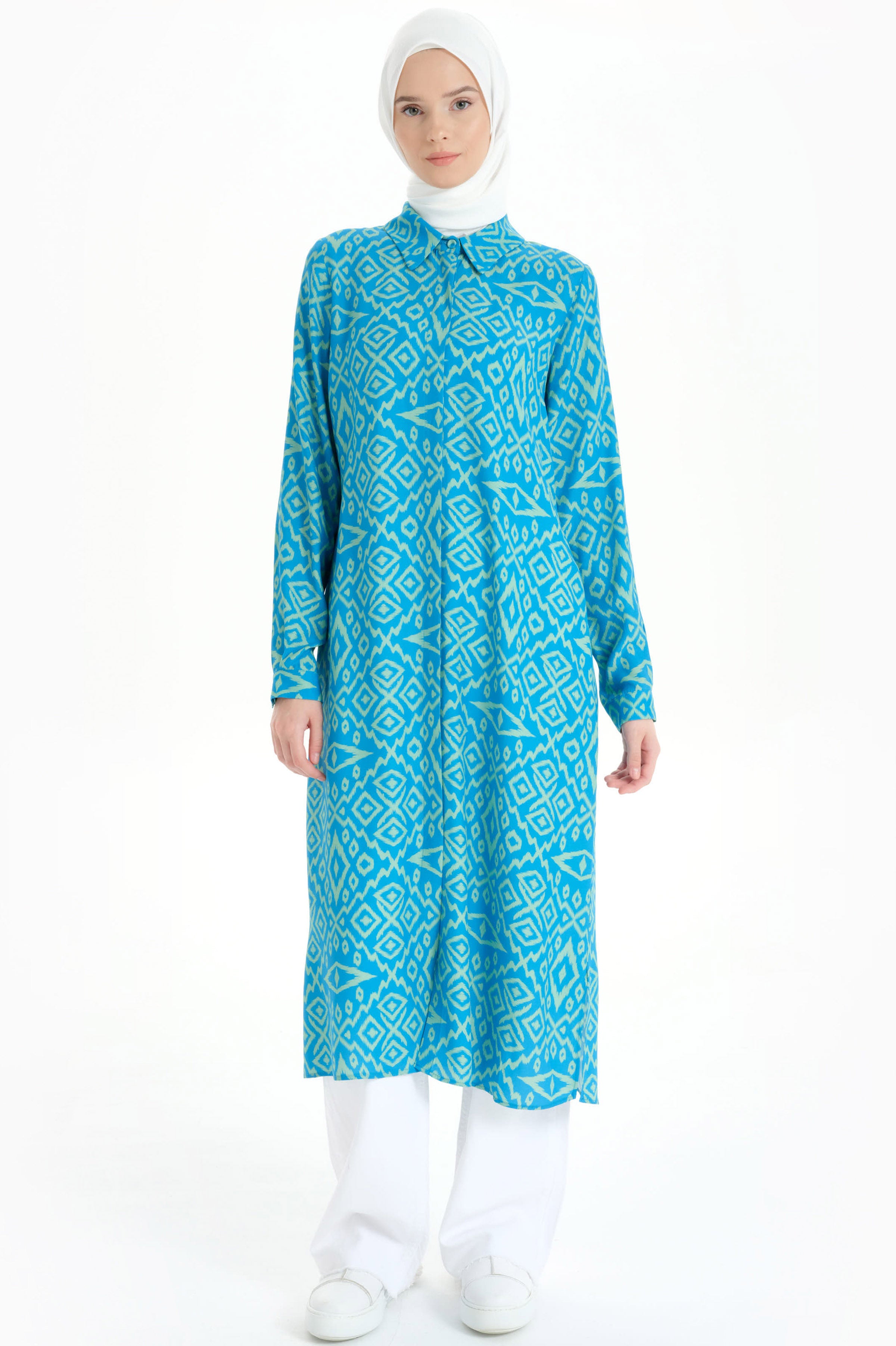 Baklava Desenli Uzun Tunik - Yeşil TUGBA