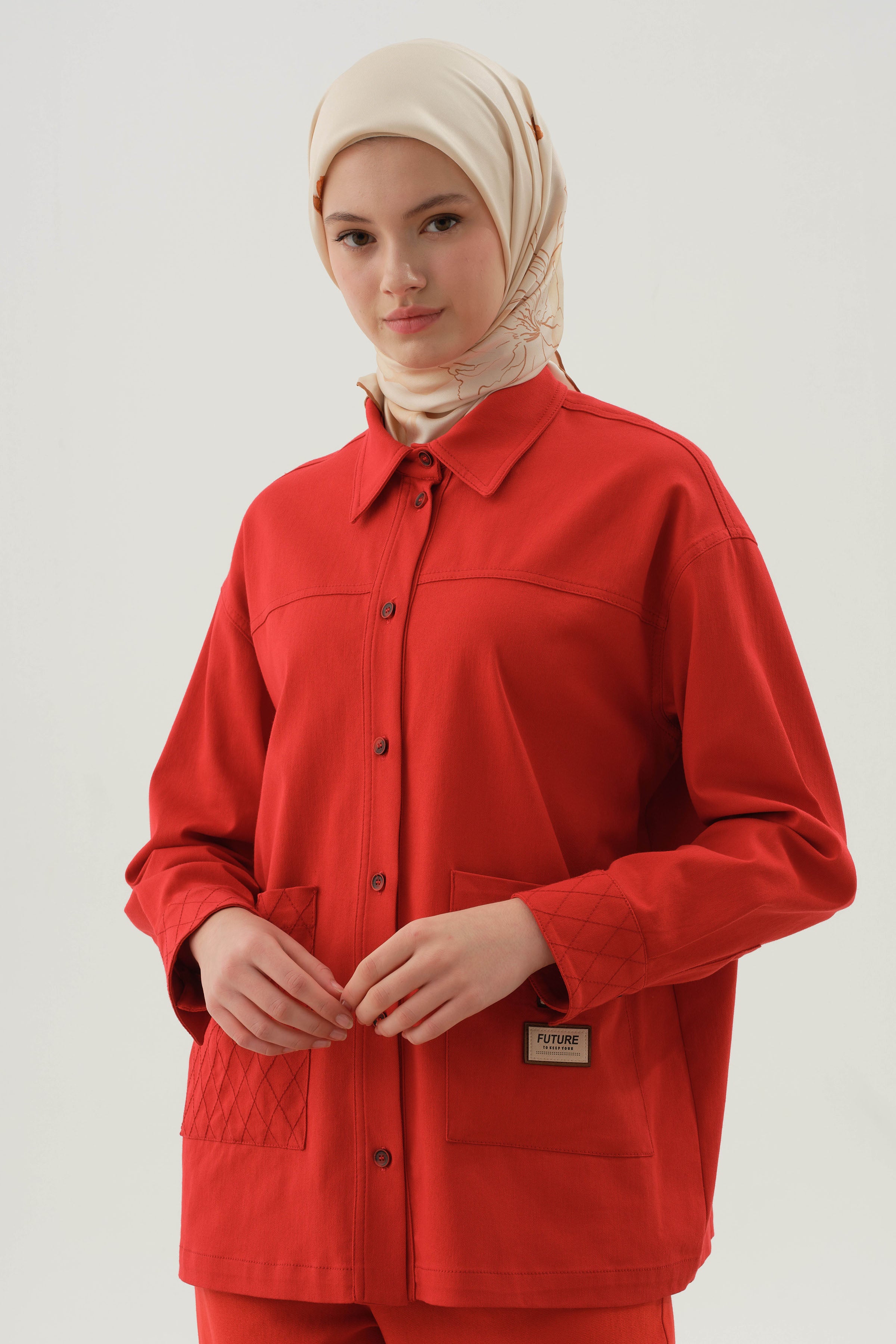 Baklava Dikiş Detaylı Cepli Gömlek - Mercan TUGBA