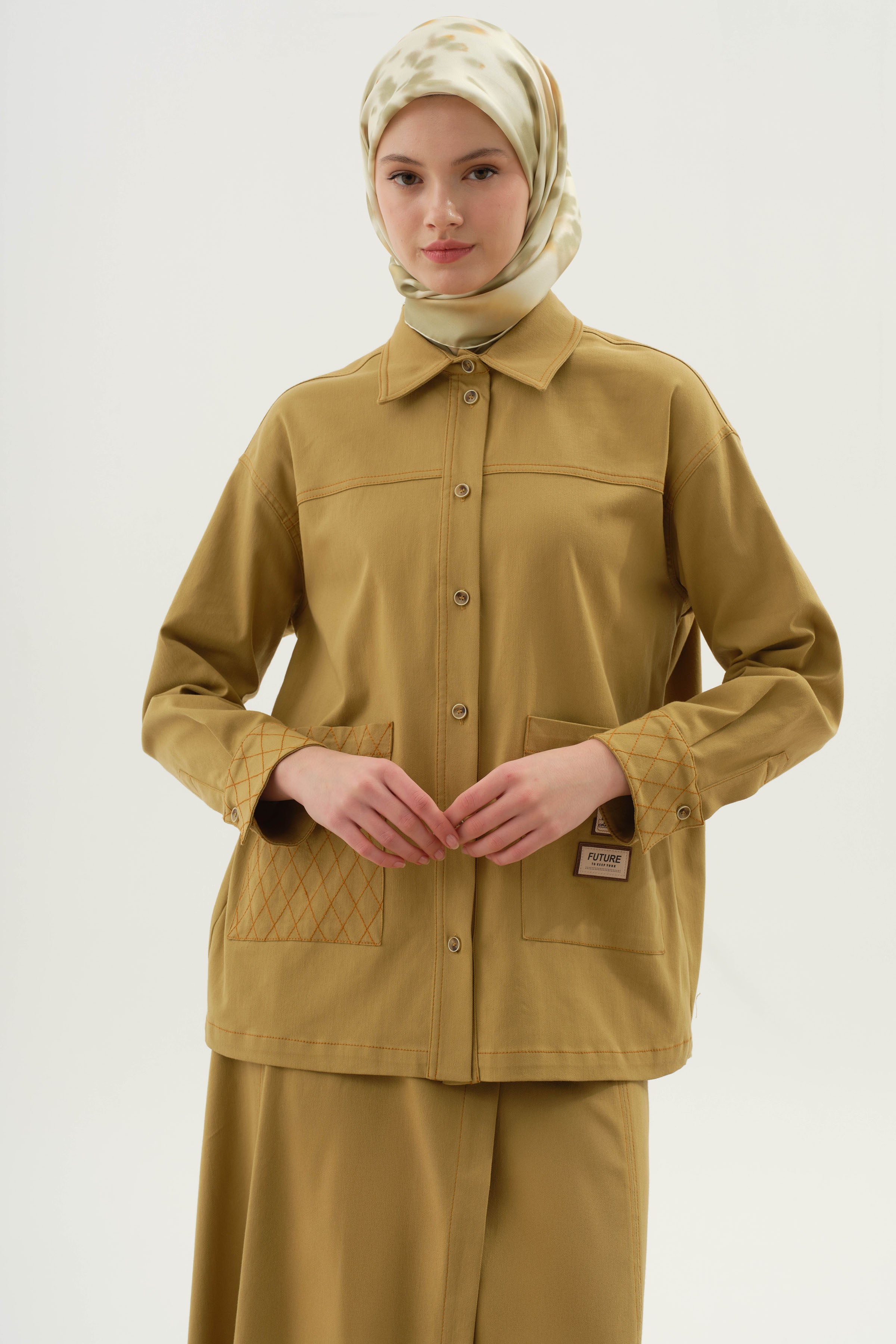 Baklava Dikiş Detaylı Cepli Gömlek - Olive TUGBA