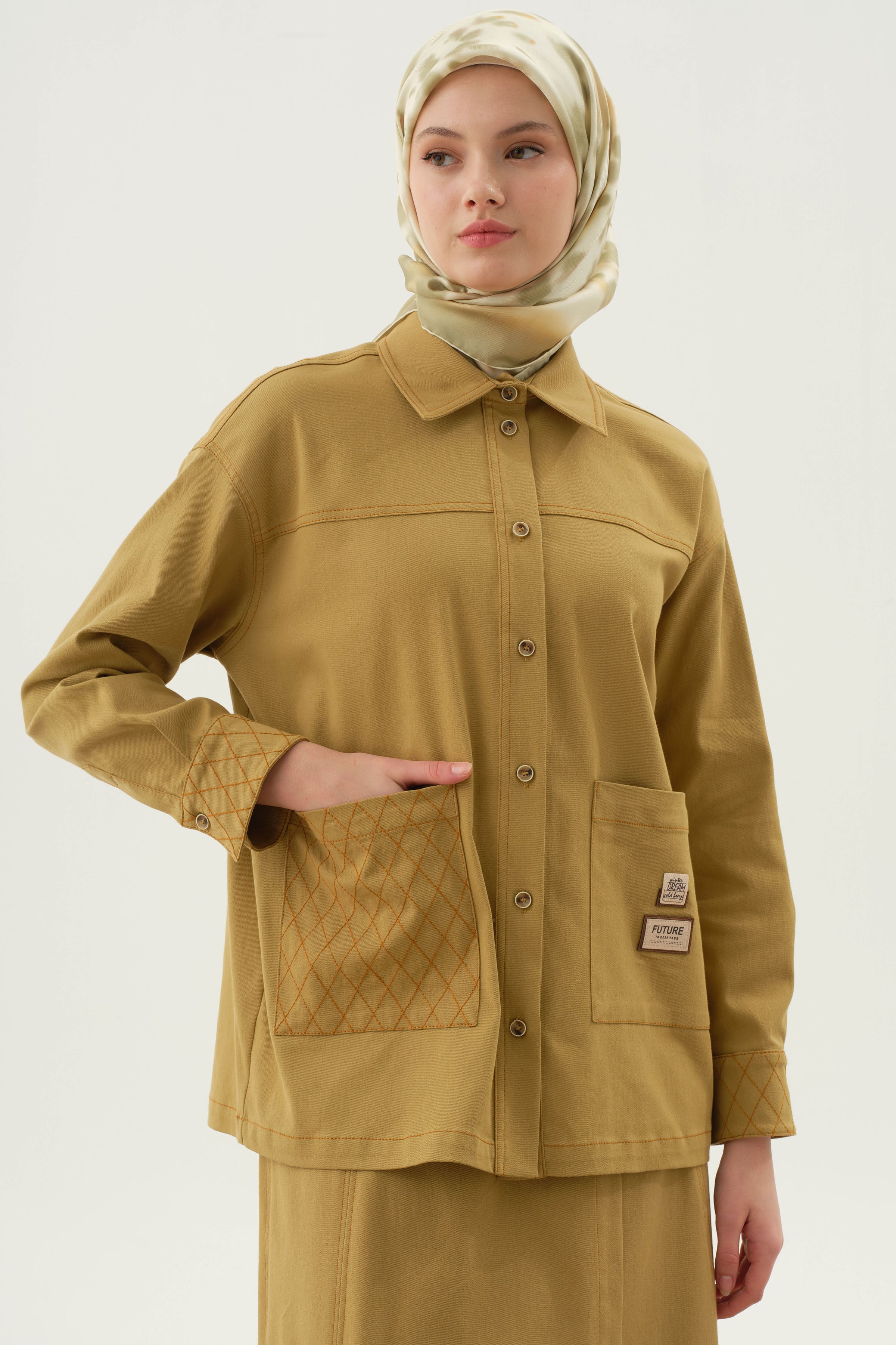 Baklava Dikiş Detaylı Cepli Gömlek - Olive TUGBA