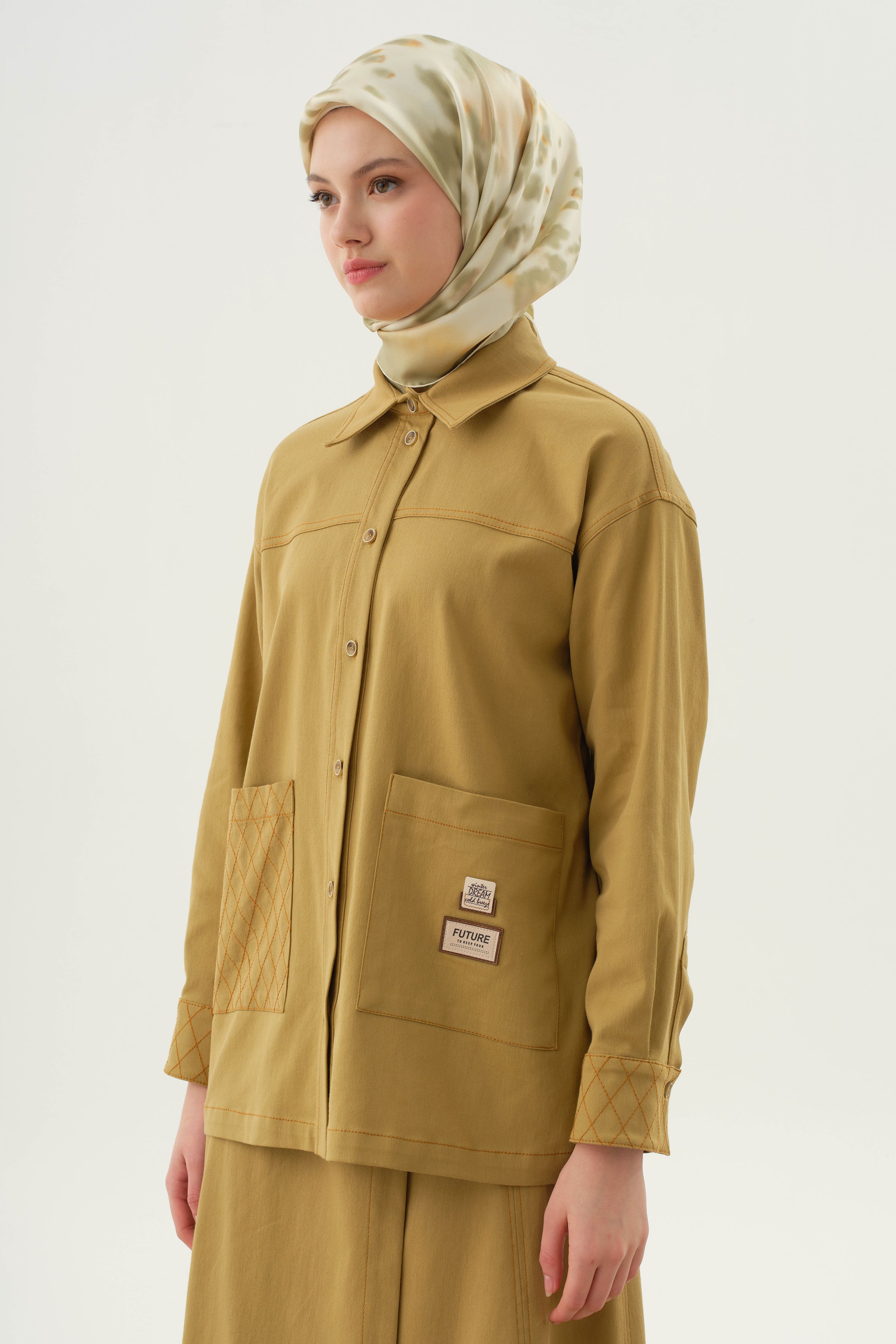 Baklava Dikiş Detaylı Cepli Gömlek - Olive TUGBA