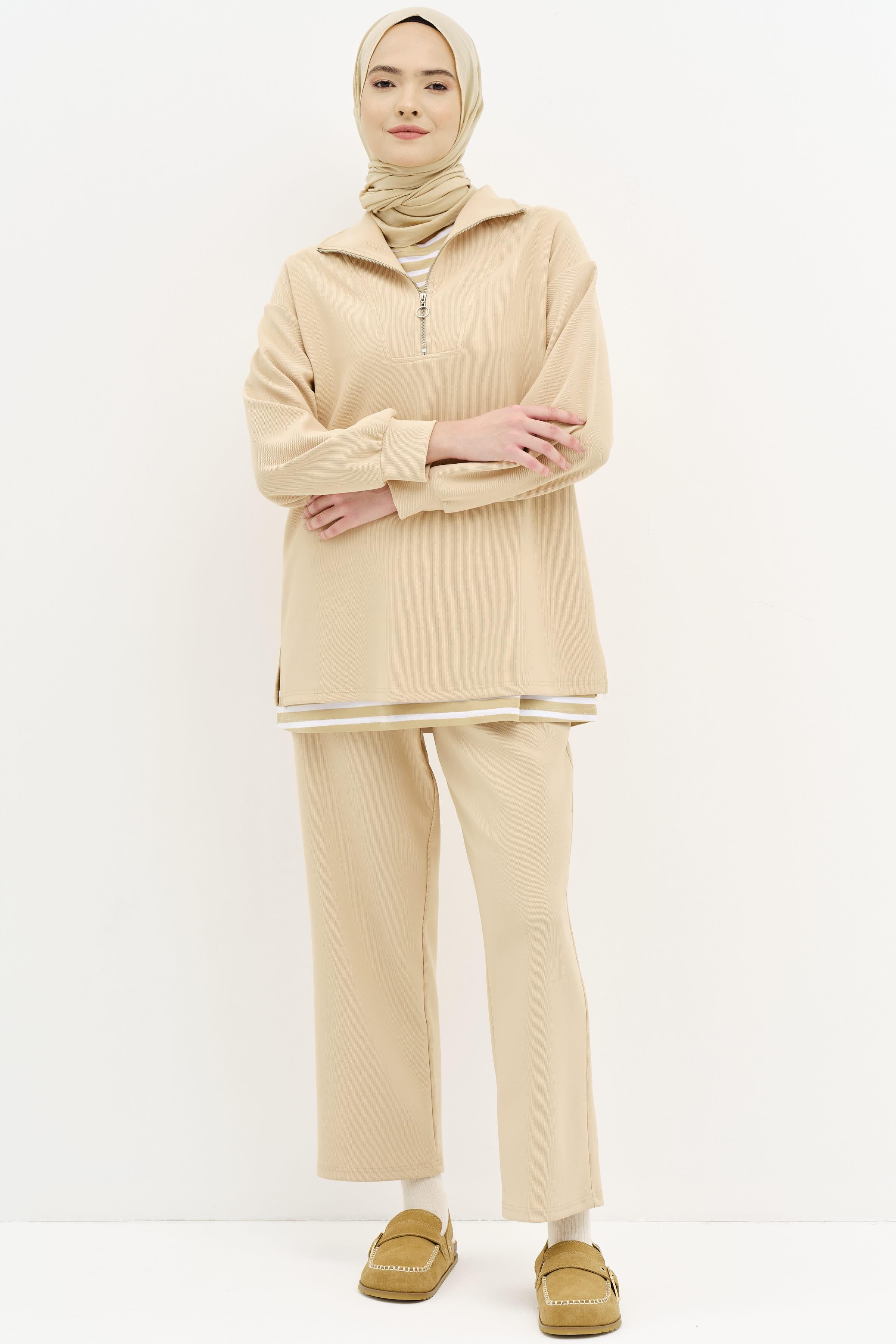 Balıkçı Yakalı Tunik Pantolon Örme Takım - Bej TUGBA