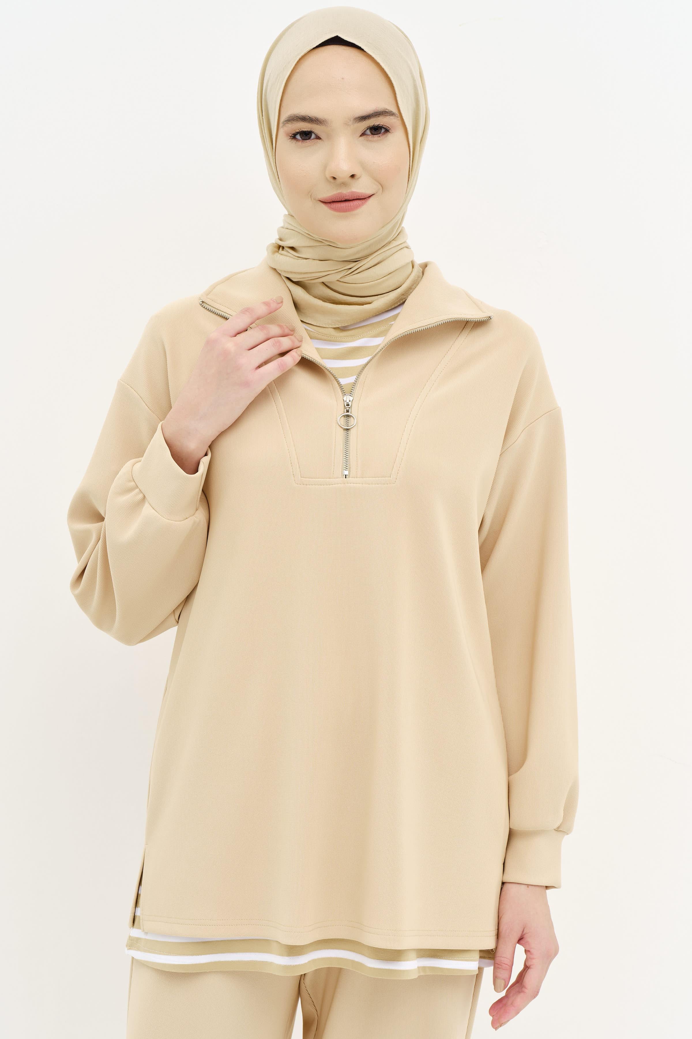 Balıkçı Yakalı Tunik Pantolon Örme Takım - Bej TUGBA