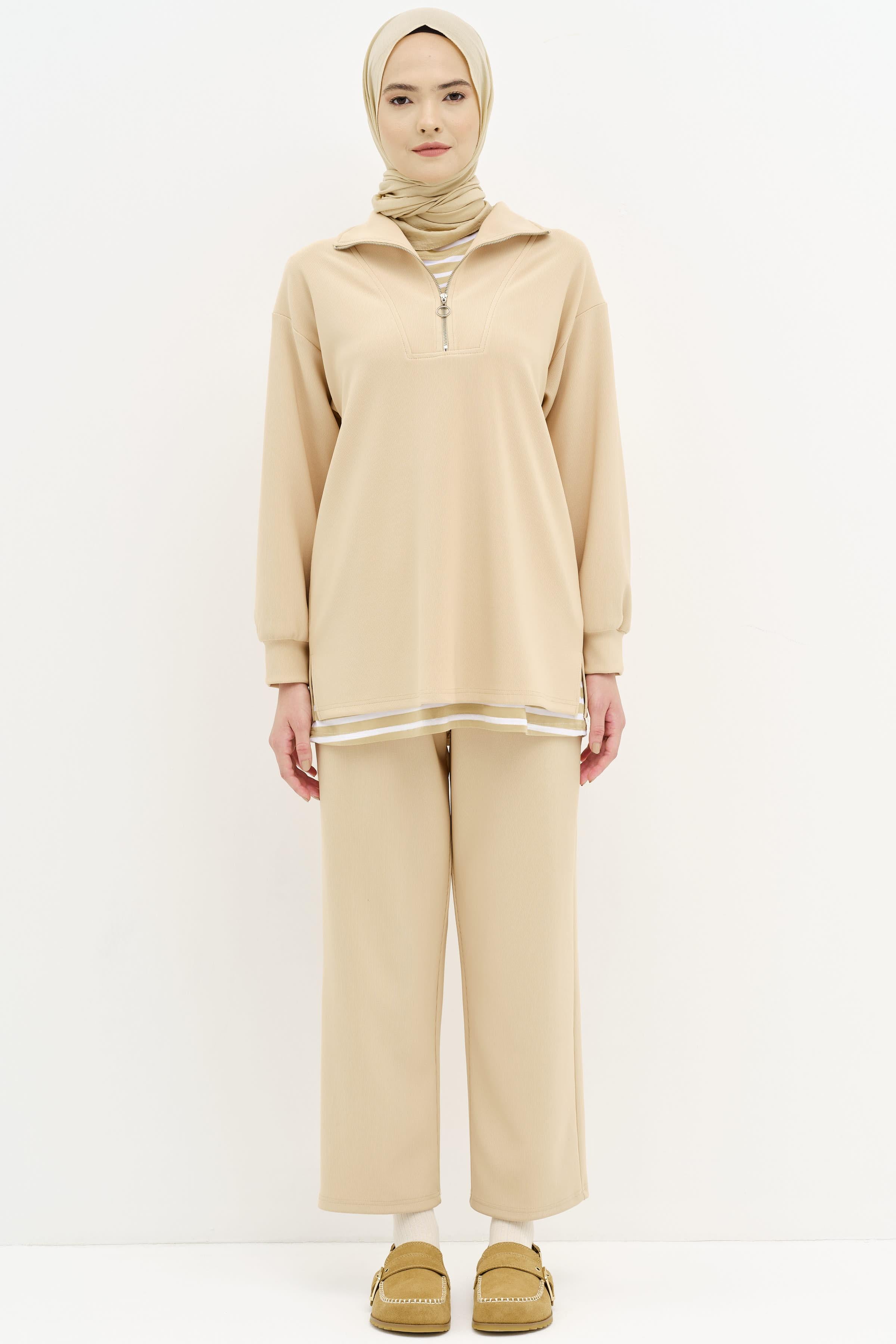 Balıkçı Yakalı Tunik Pantolon Örme Takım - Bej TUGBA