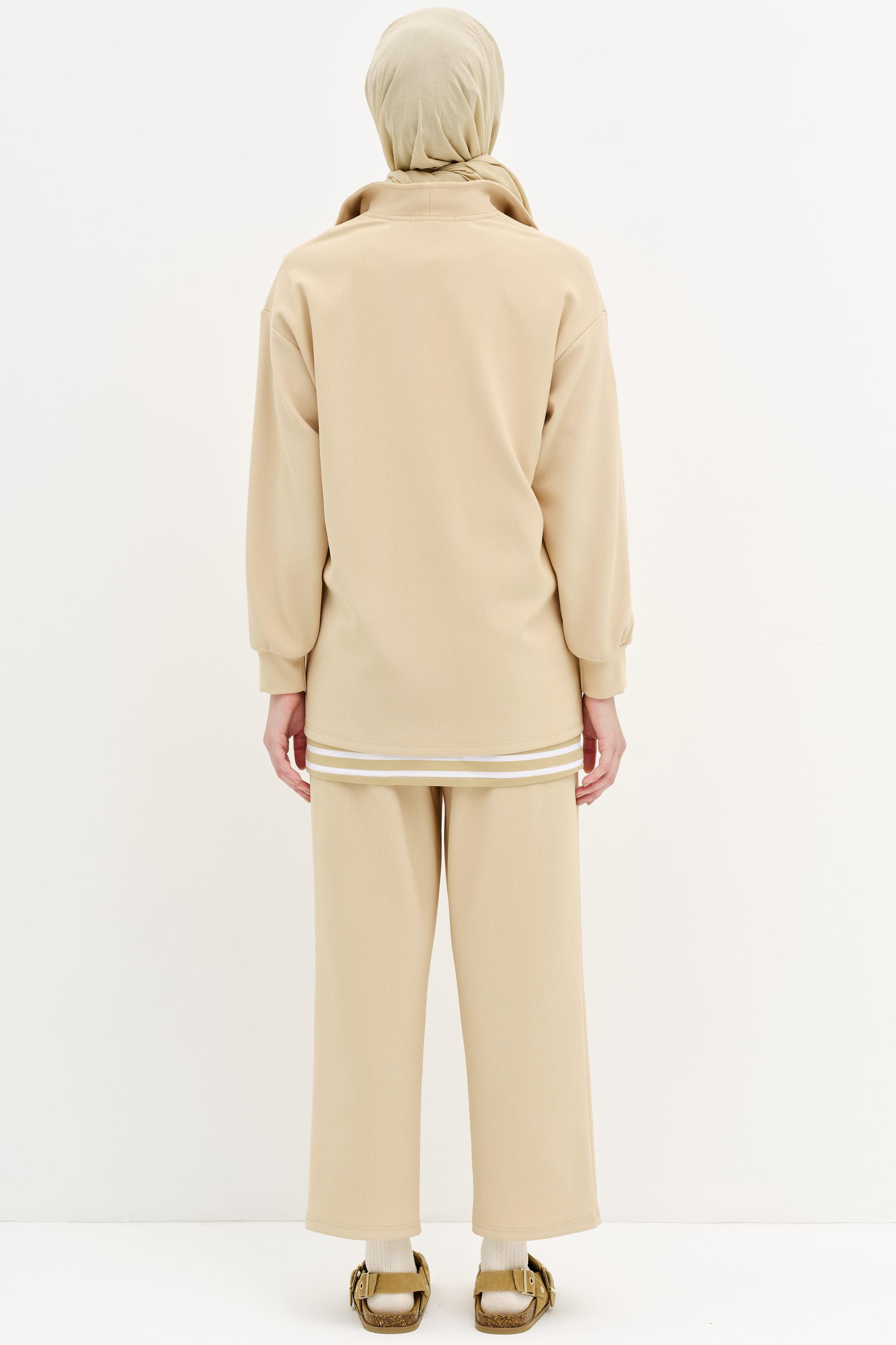 Balıkçı Yakalı Tunik Pantolon Örme Takım - Bej TUGBA