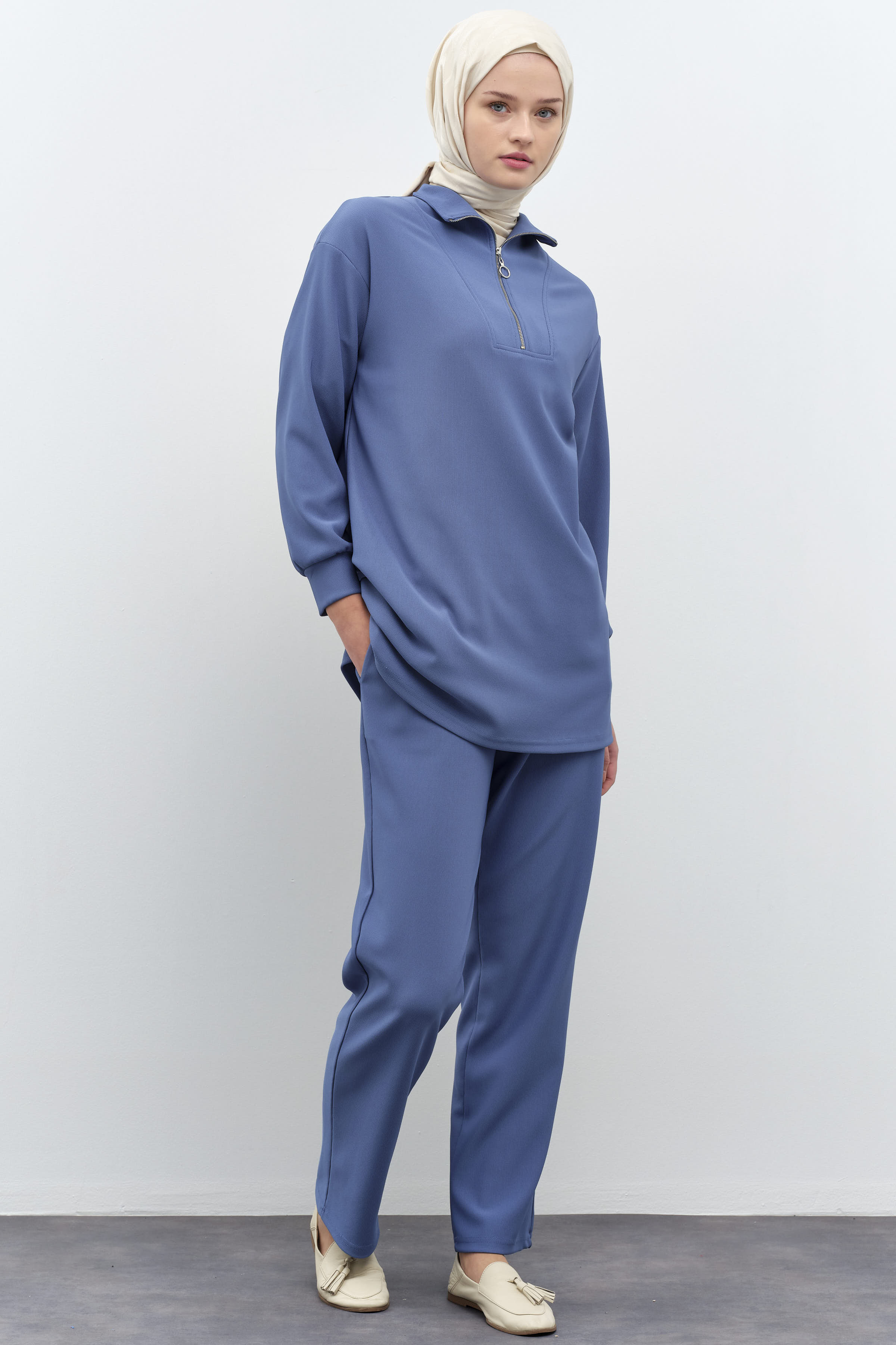 Balıkçı Yakalı Tunik Pantolon Örme Takım - İndigo TUGBA