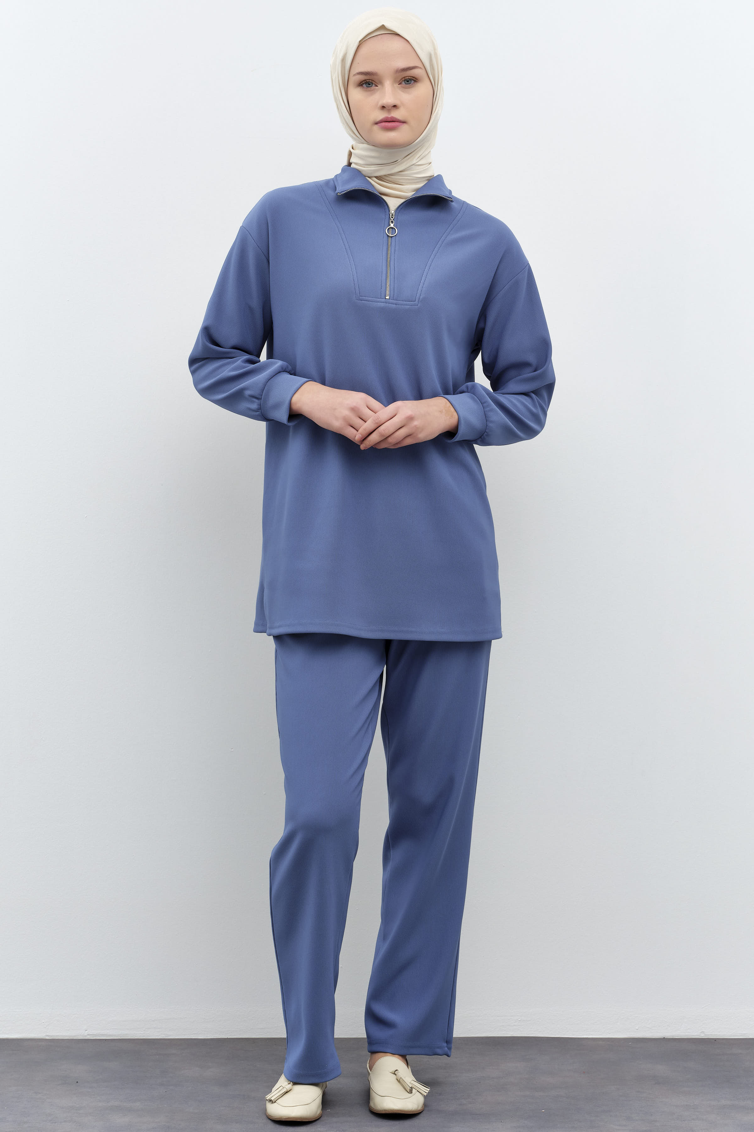 Balıkçı Yakalı Tunik Pantolon Örme Takım - İndigo TUGBA