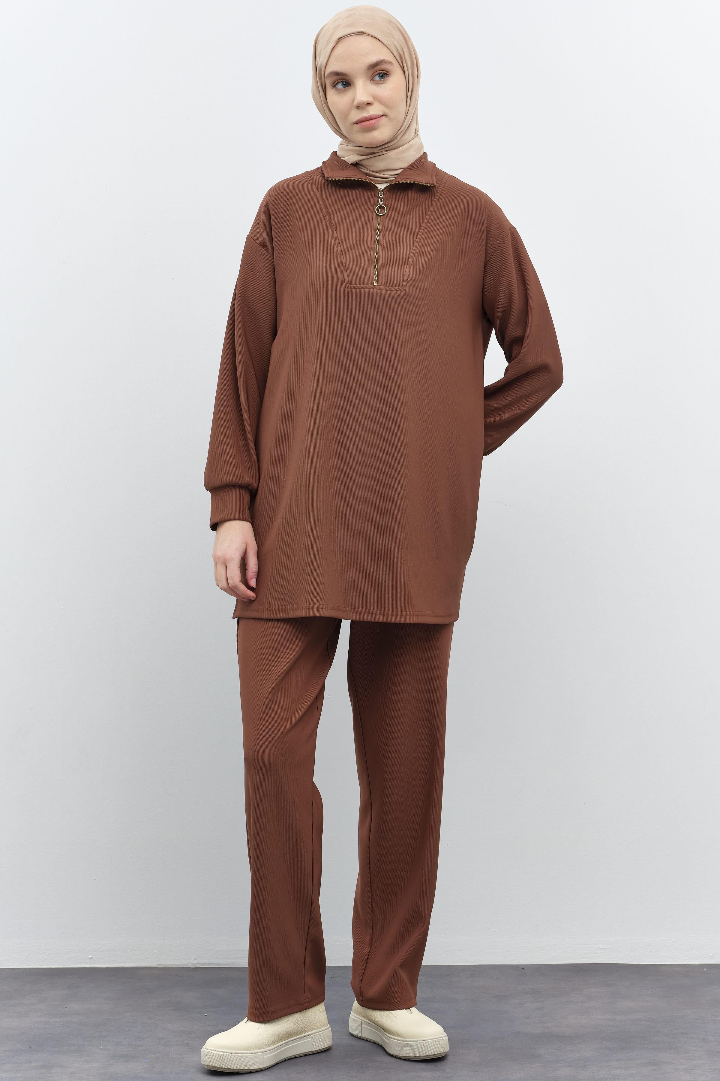 Balıkçı Yakalı Tunik Pantolon Örme Takım - Kahve TUGBA