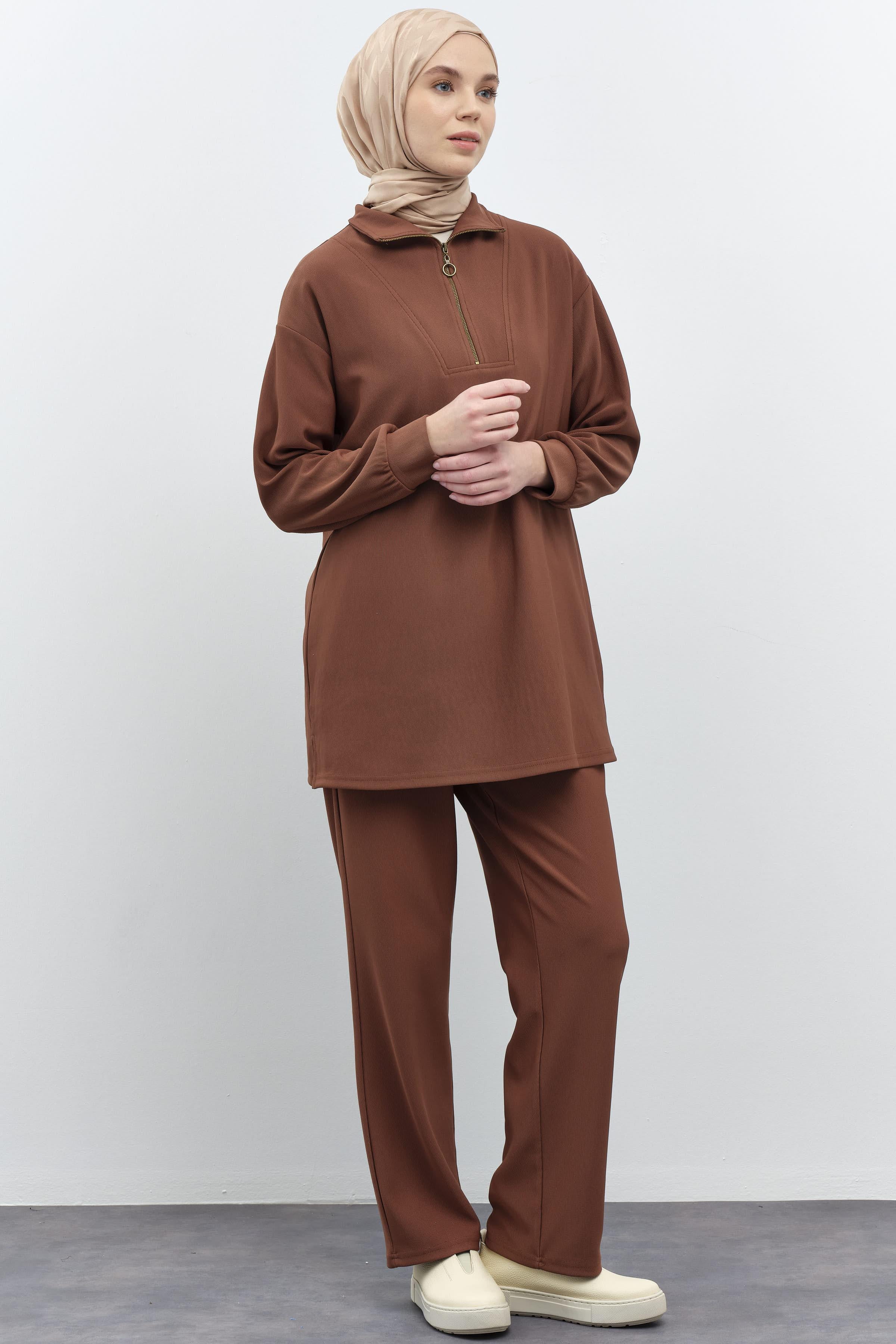 Balıkçı Yakalı Tunik Pantolon Örme Takım - Kahve TUGBA