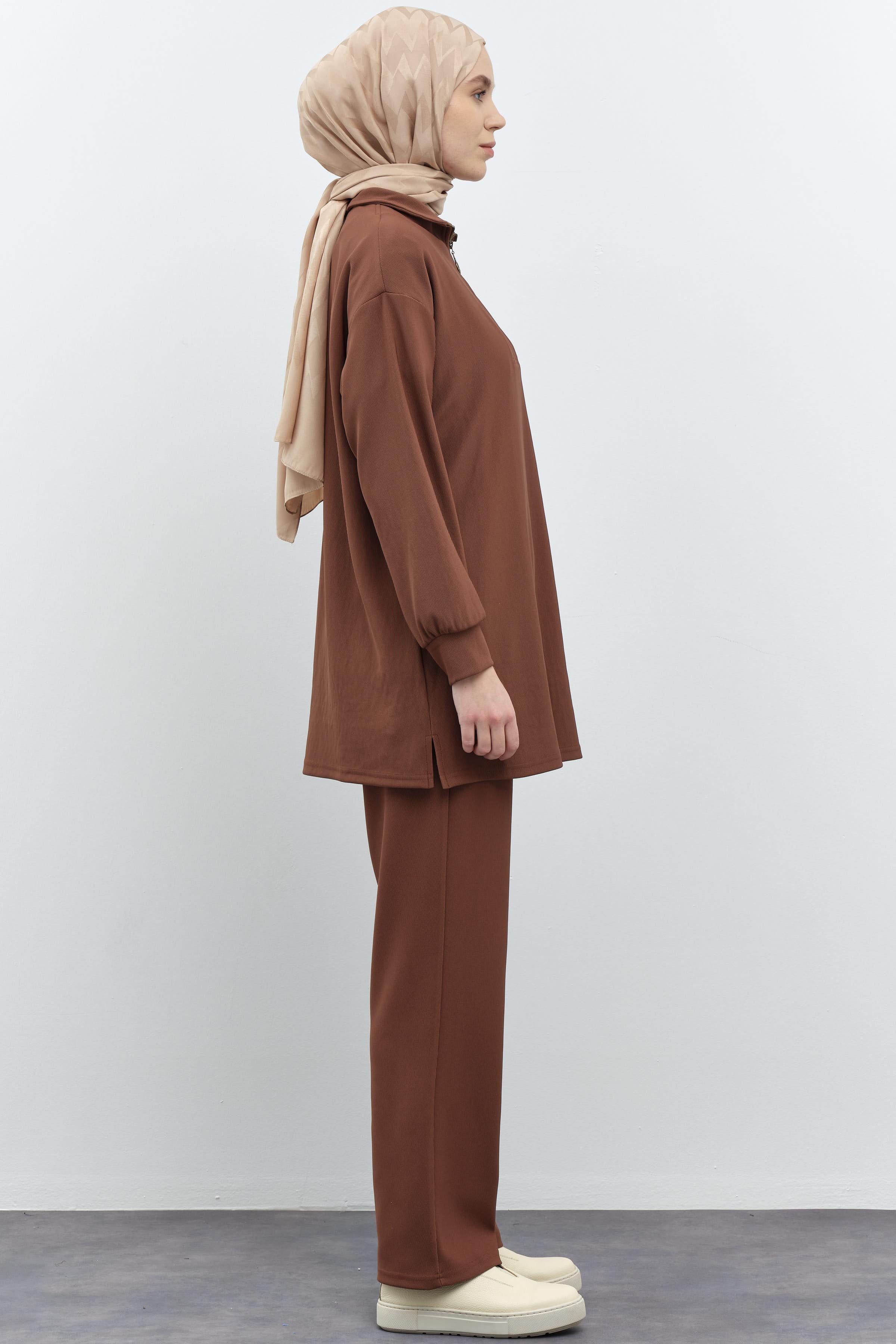 Balıkçı Yakalı Tunik Pantolon Örme Takım - Kahve TUGBA