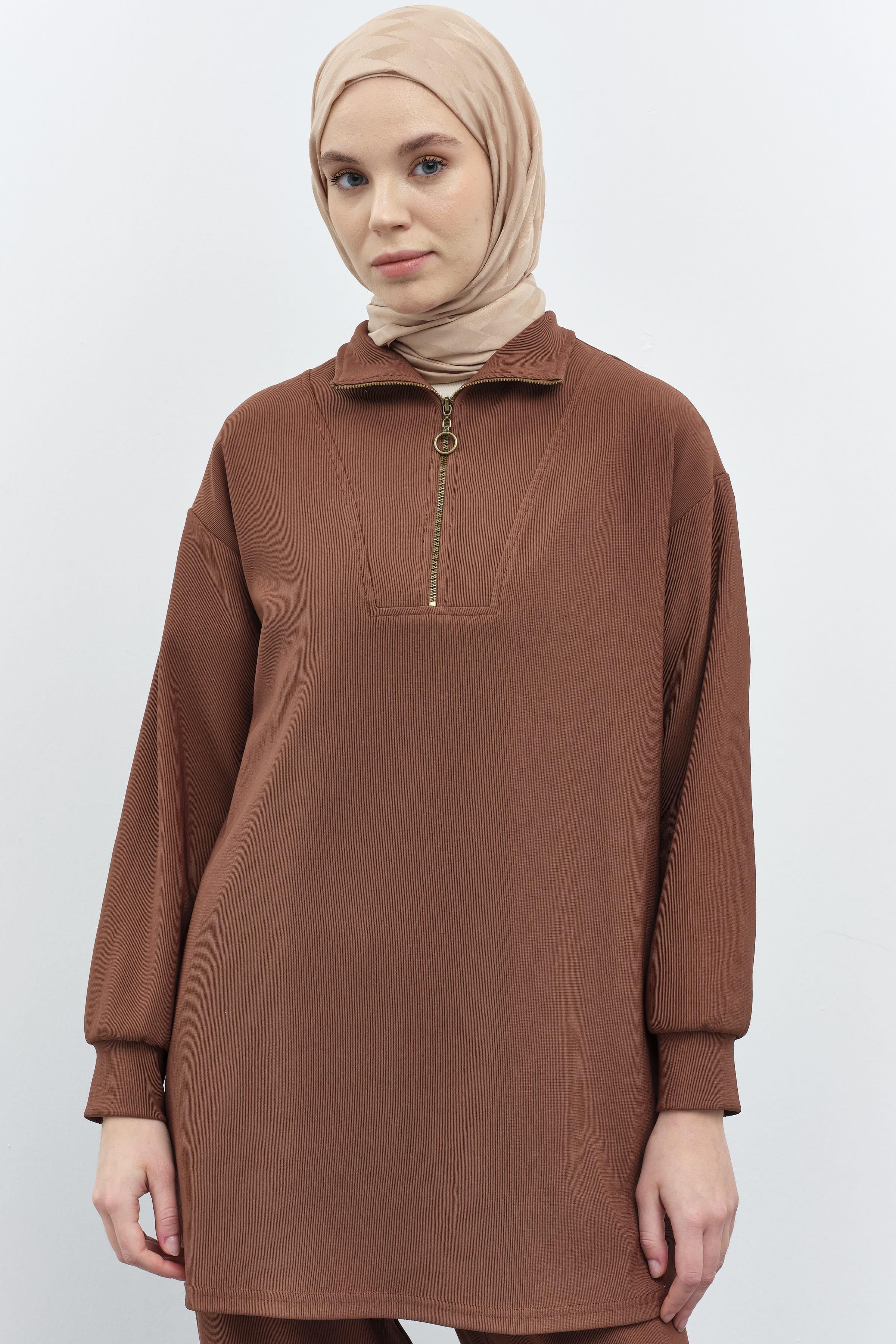 Balıkçı Yakalı Tunik Pantolon Örme Takım - Kahve TUGBA