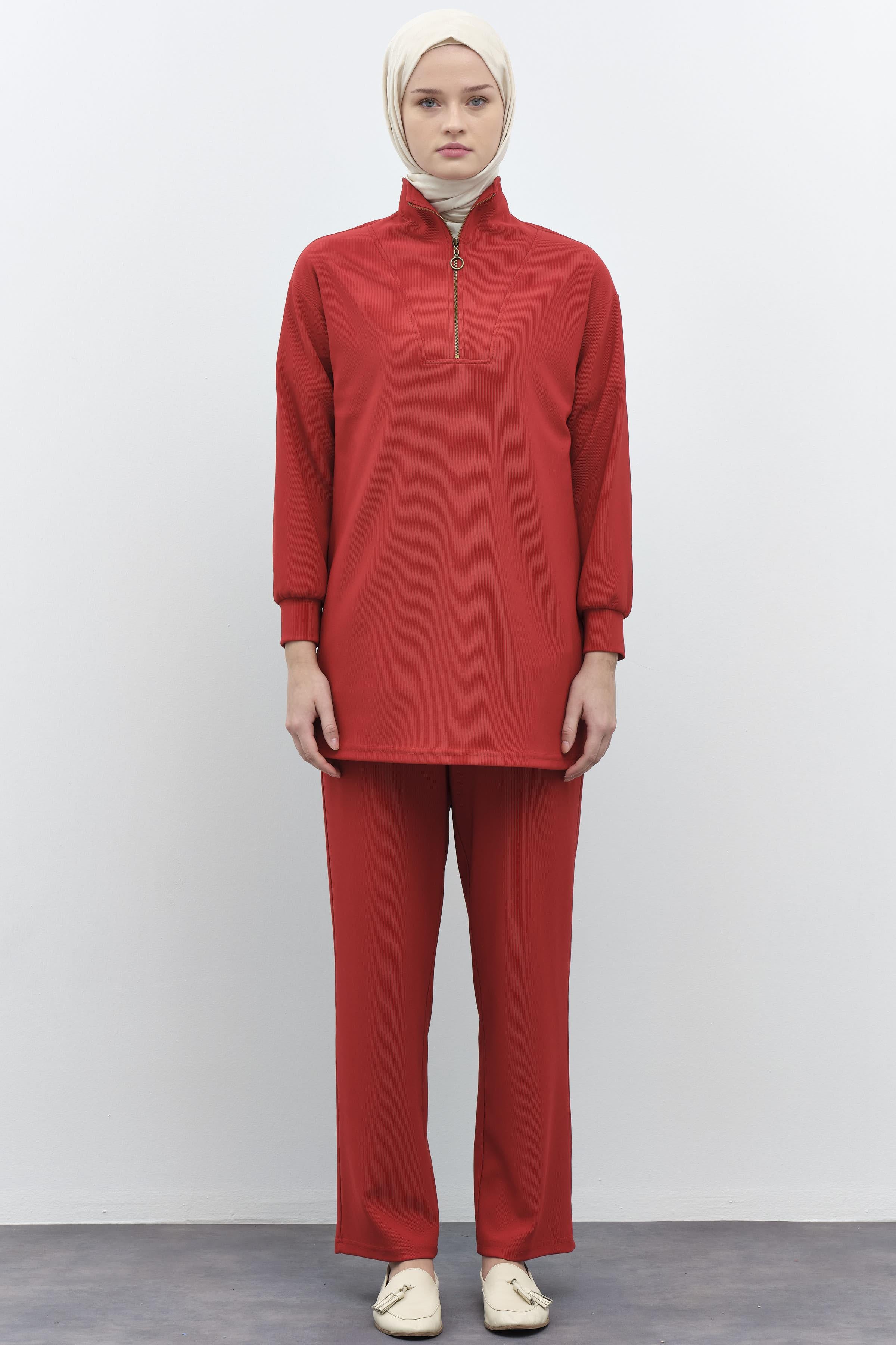 Balıkçı Yakalı Tunik Pantolon Örme Takım - Kiremit TUGBA