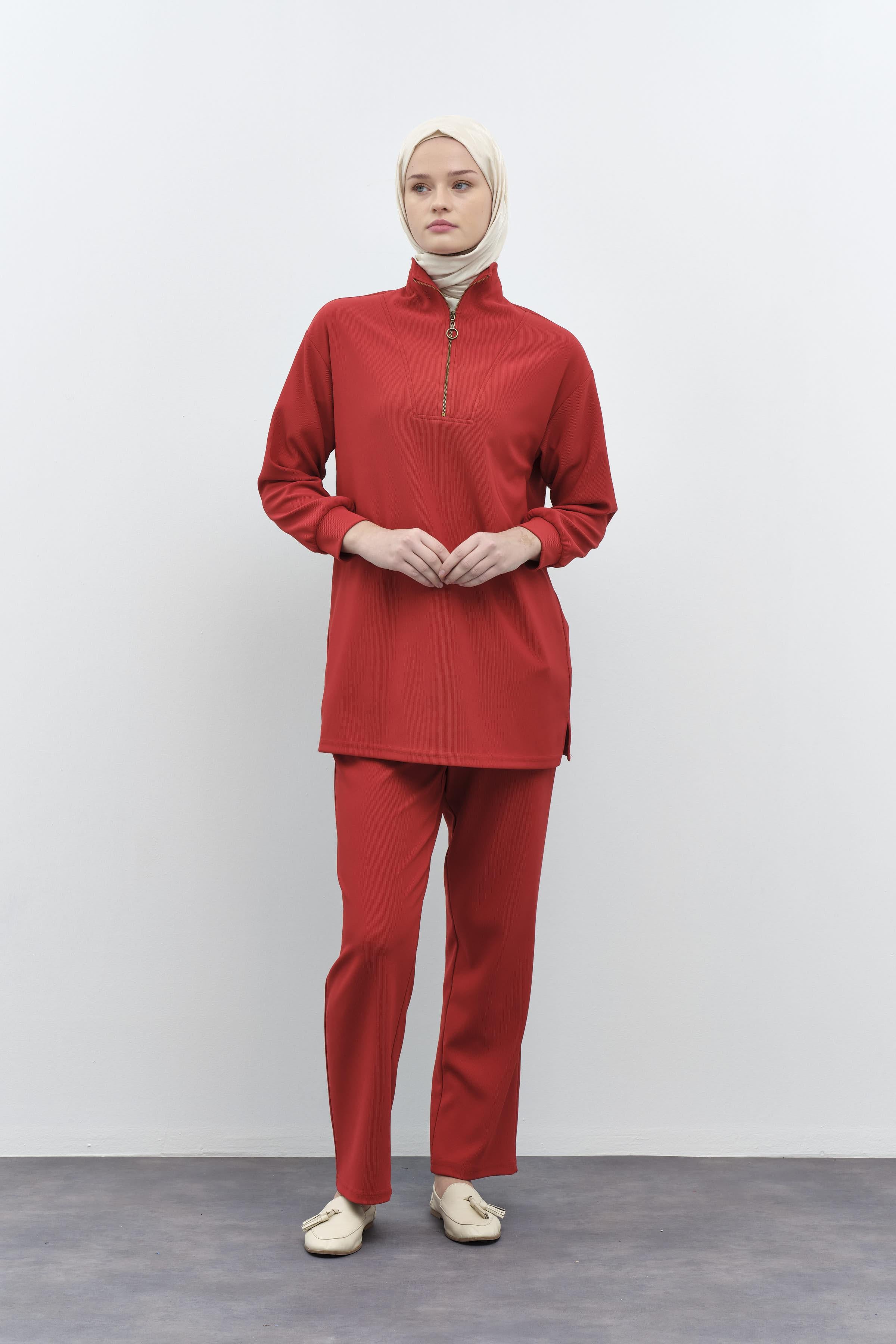 Balıkçı Yakalı Tunik Pantolon Örme Takım - Kiremit TUGBA