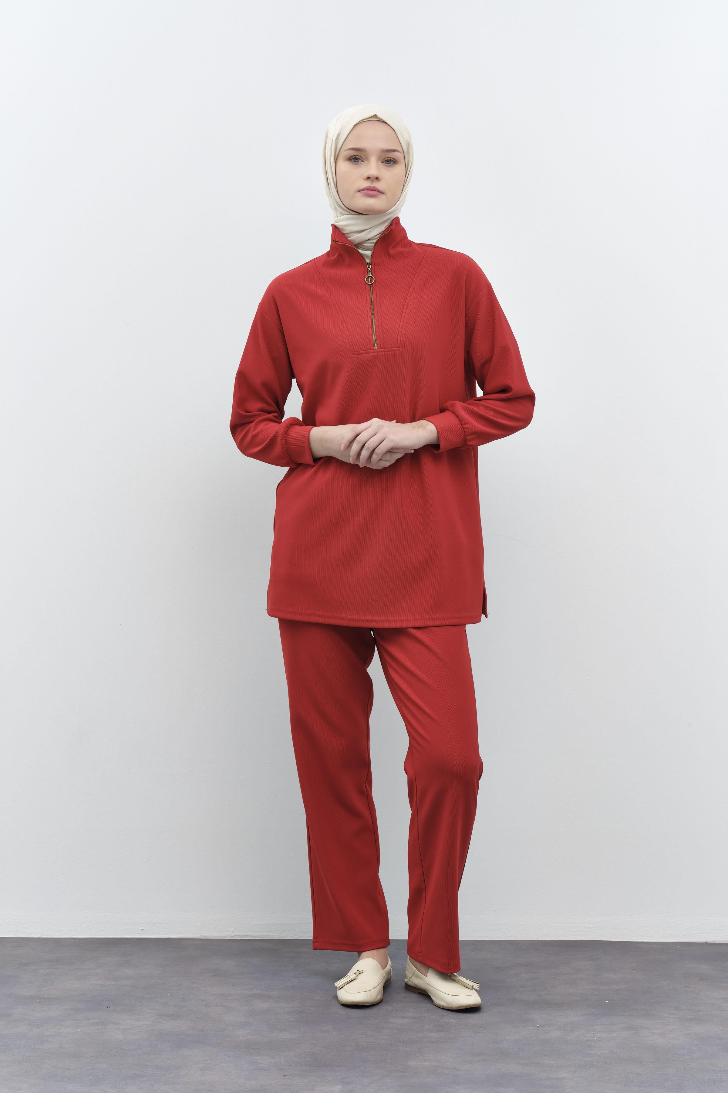 Balıkçı Yakalı Tunik Pantolon Örme Takım - Kiremit TUGBA