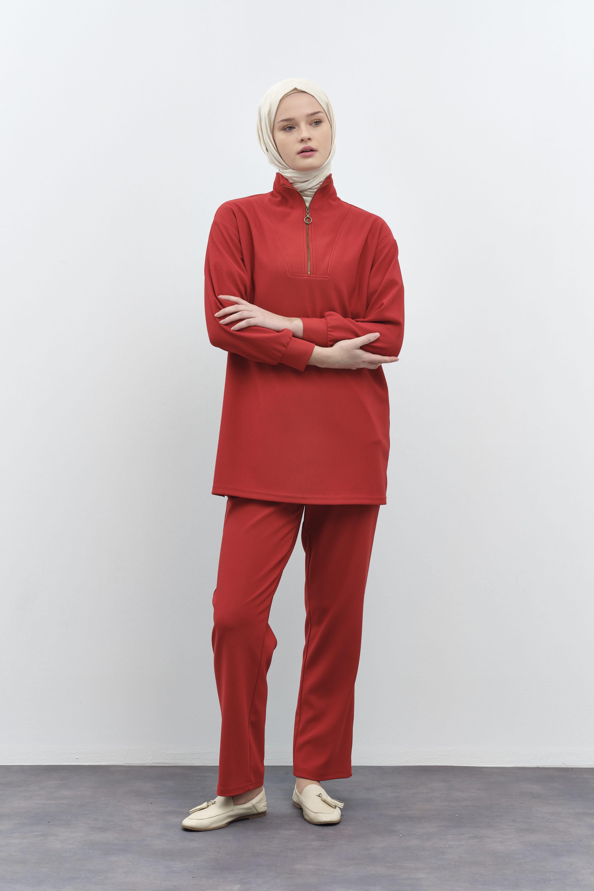 Balıkçı Yakalı Tunik Pantolon Örme Takım - Kiremit TUGBA