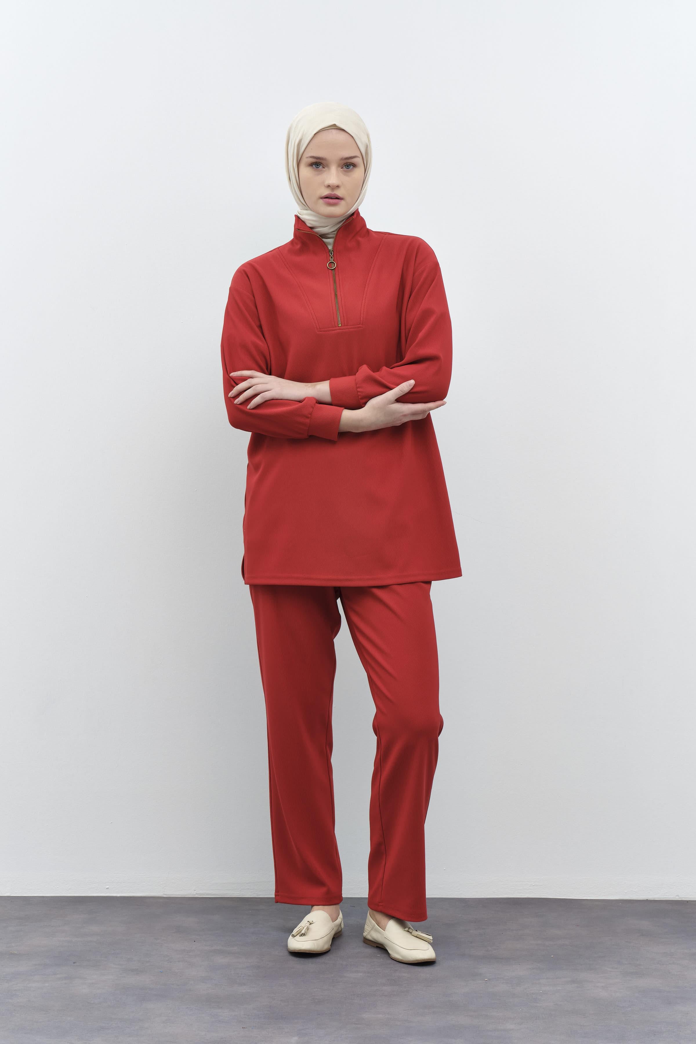 Balıkçı Yakalı Tunik Pantolon Örme Takım - Kiremit TUGBA