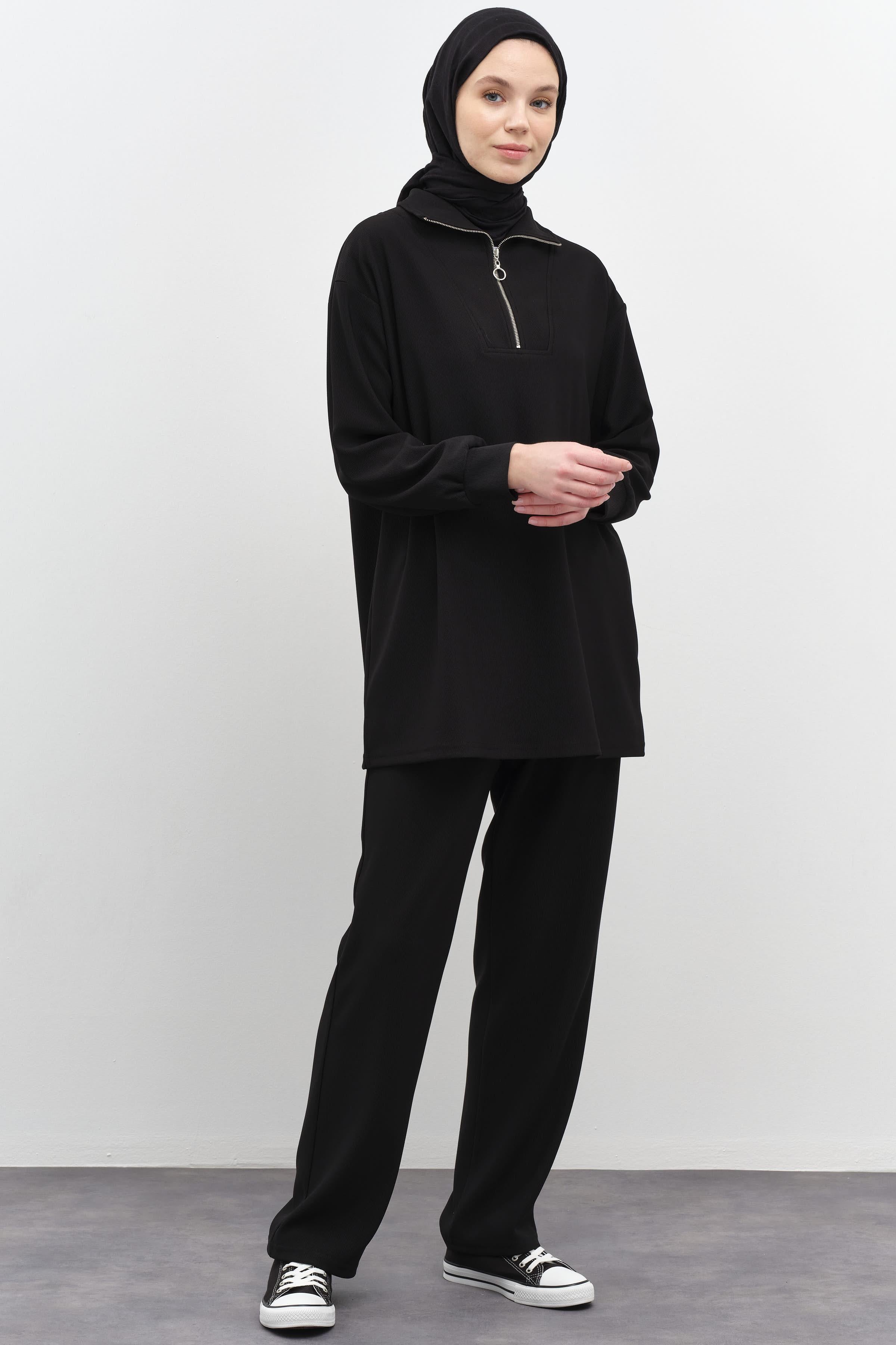 Balıkçı Yakalı Tunik Pantolon Örme Takım - Siyah TUGBA