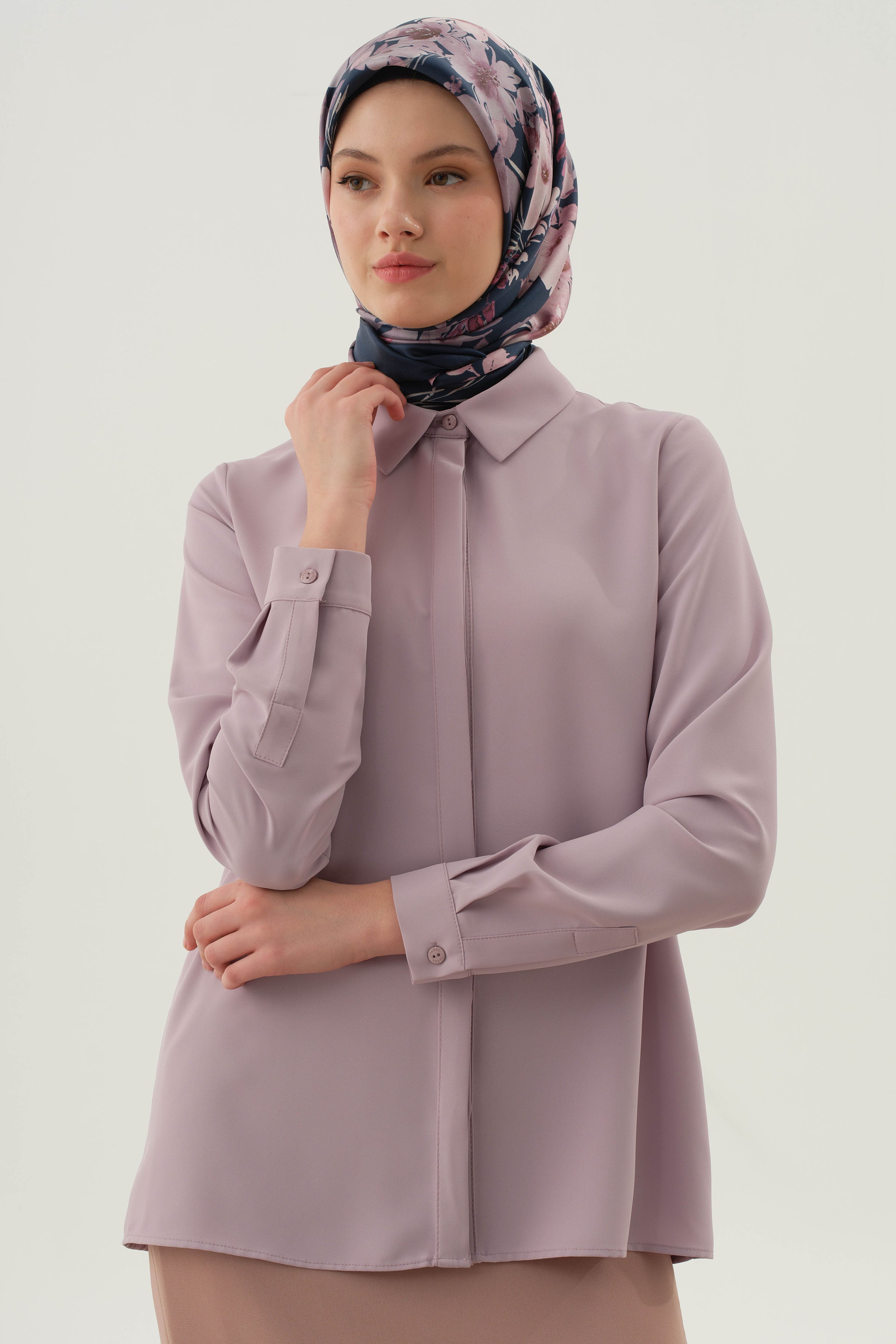 Basic Gizli Patlı Gömlek - Lila TUGBA