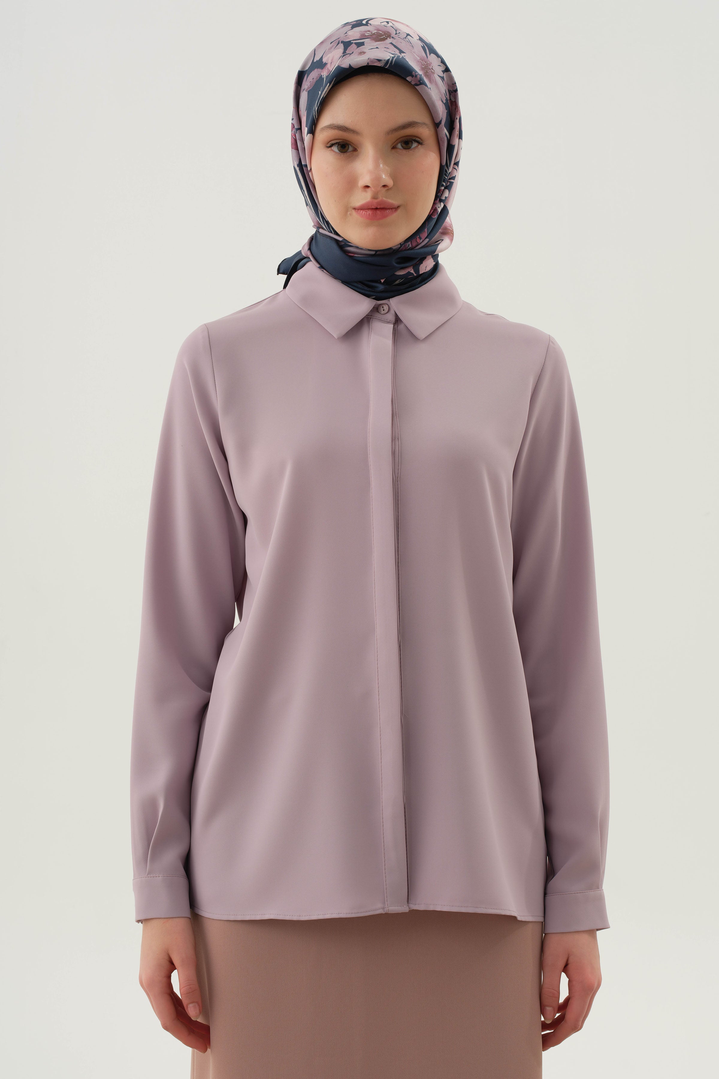 Basic Gizli Patlı Gömlek - Lila TUGBA